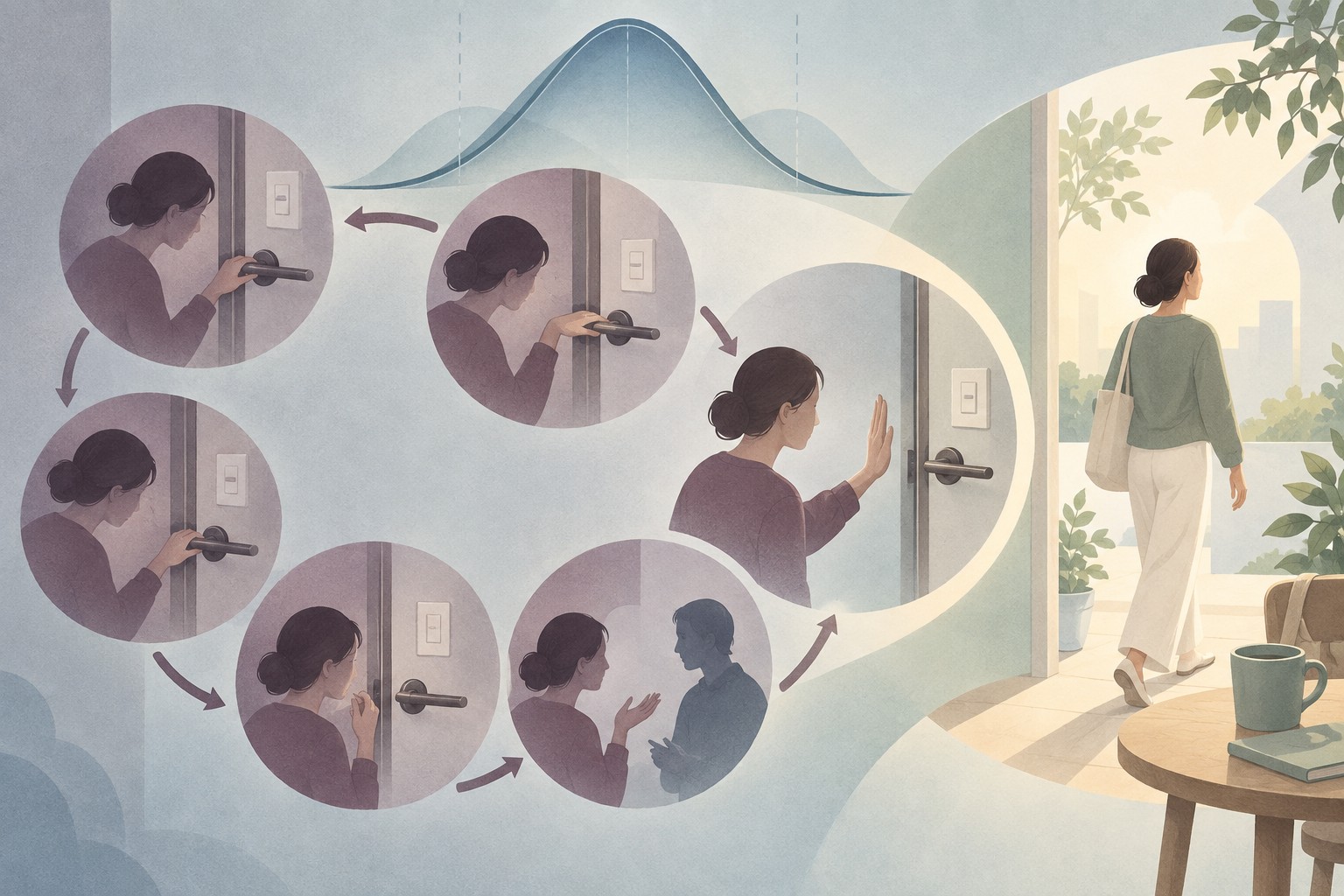 문고리를 반복 확인하는 원형 고리가 멈춤과 함께 끊기고 불안의 파동이 내려간 뒤 일상으로 나아가는 모습을 보여주는 추상 임상 일러스트