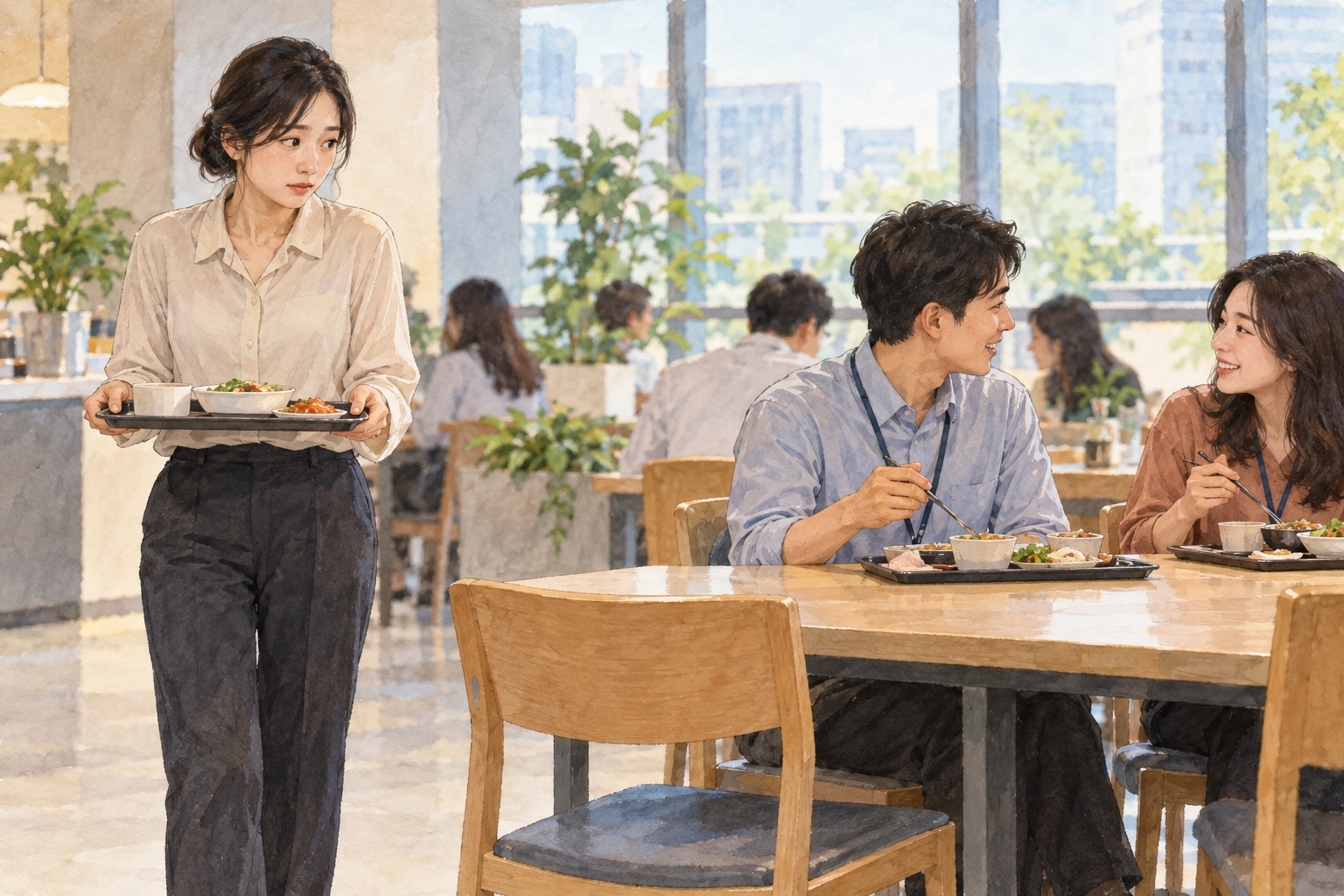 식판을 들고 동료들의 점심 자리에 다가가며 망설이는 성인과 함께 앉을 수 있는 빈자리