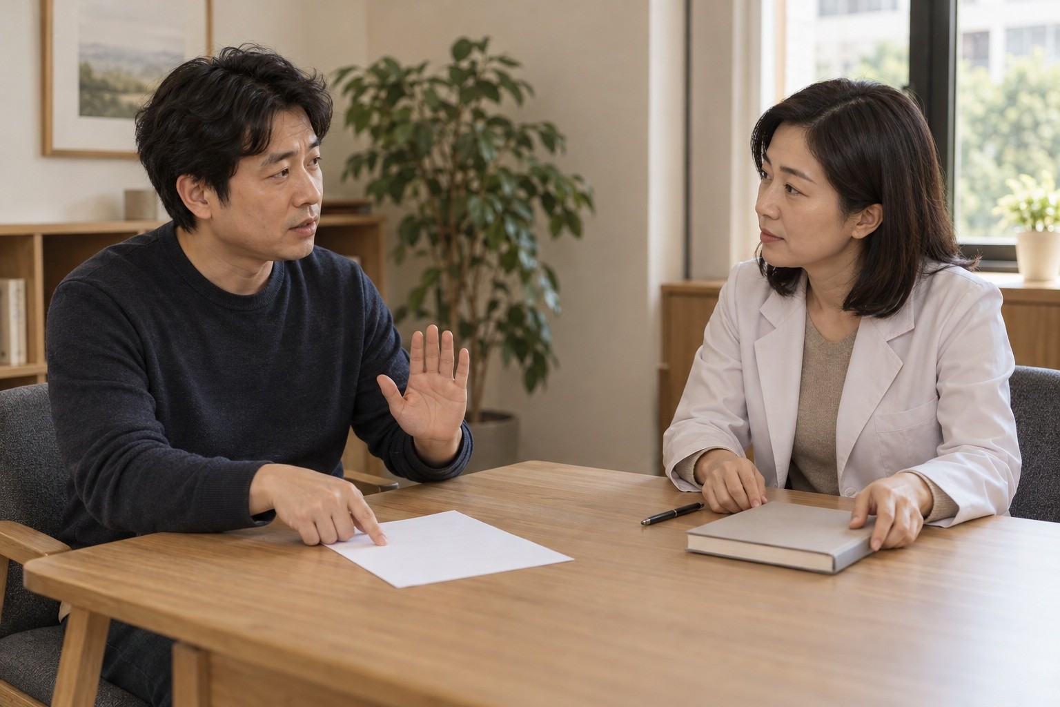 성인 당사자가 잠시 멈춰 달라고 손을 들고, 치료자가 설명을 멈춰 속도를 의논하는 가상 상담 장면