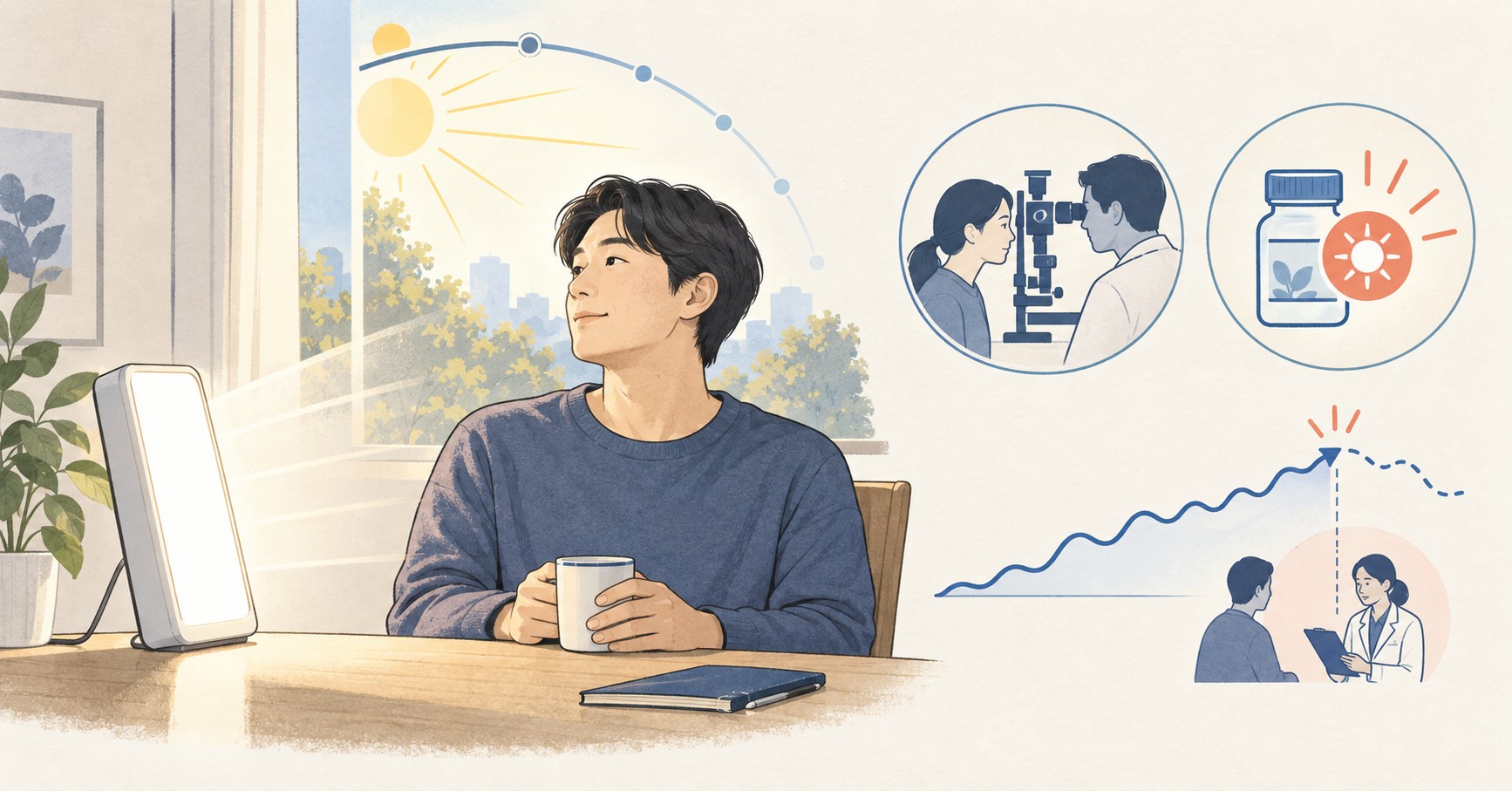 아침 광치료기의 사용 시각과 안과검사, 광과민 약물, 기분 과활성을 함께 확인하는 장면