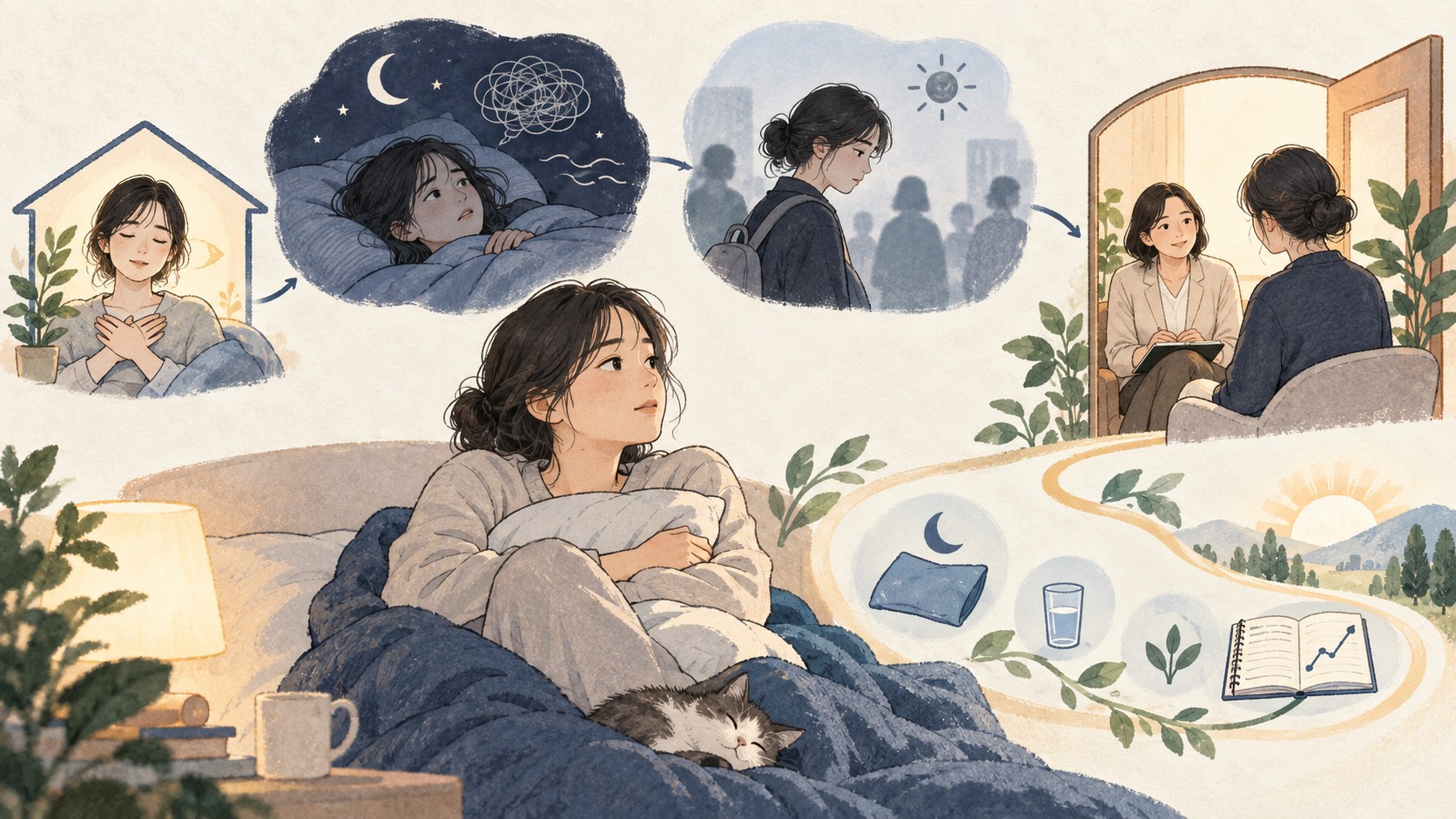 외상 뒤 악몽에서 현재 안전, 낮 기능, 외상 중심 치료 순서를 보여 주는 의료 일러스트