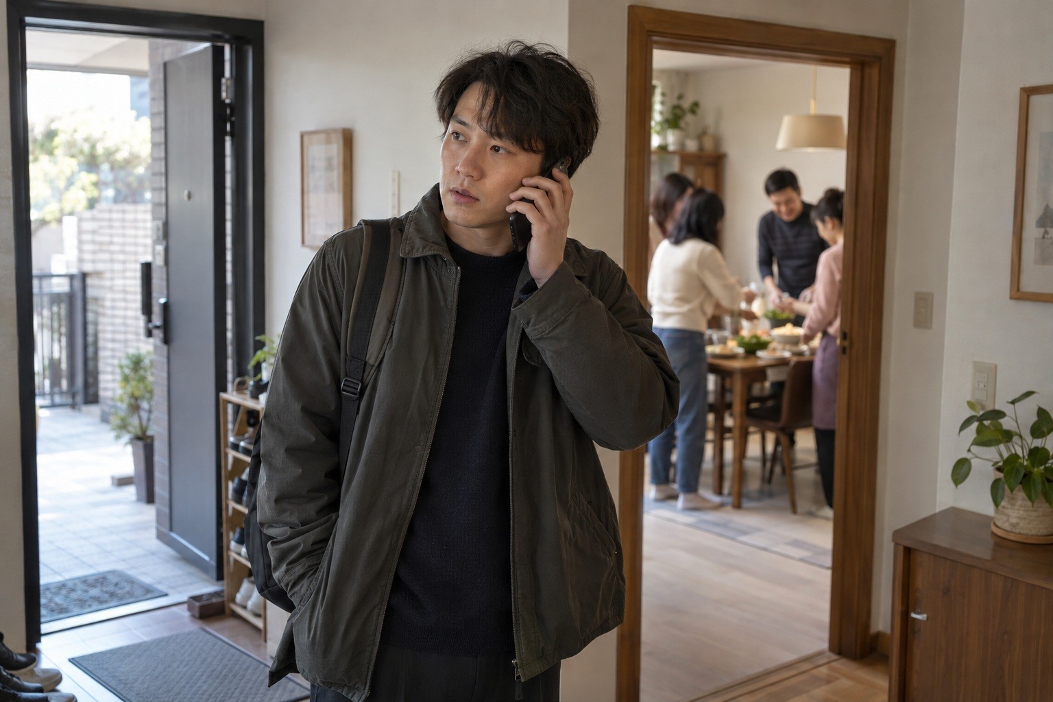 식사 모임이 있는 방 옆 현관에서 외투를 입은 성인이 전화로 도움을 요청하는 가상 장면