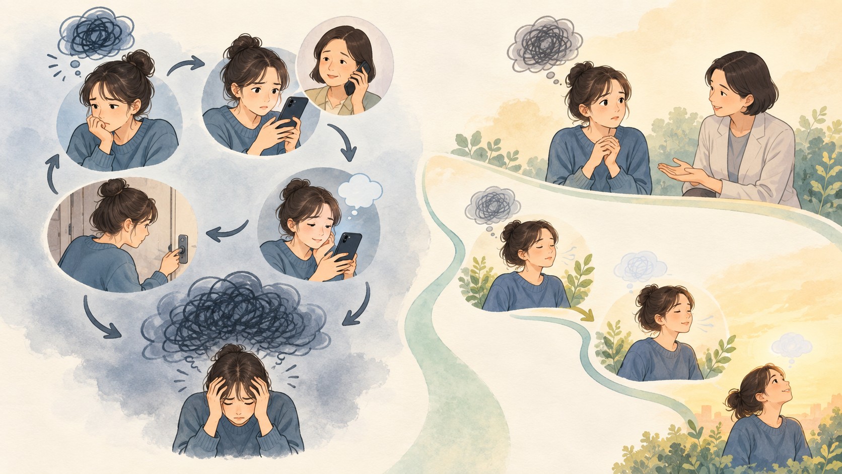강박의 반복 안심 고리와 치료자와 함께 재확인을 줄이는 경로를 대비한 일러스트