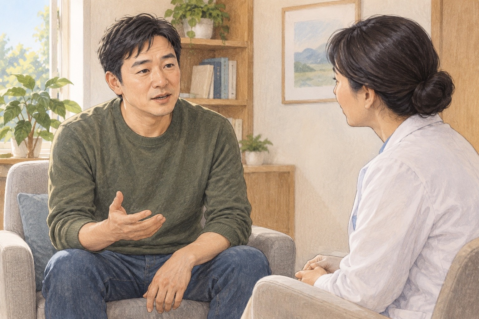 과거 건강 경험과 현재의 어려움을 솔직히 말하는 가상의 성인과 경청하는 의료진