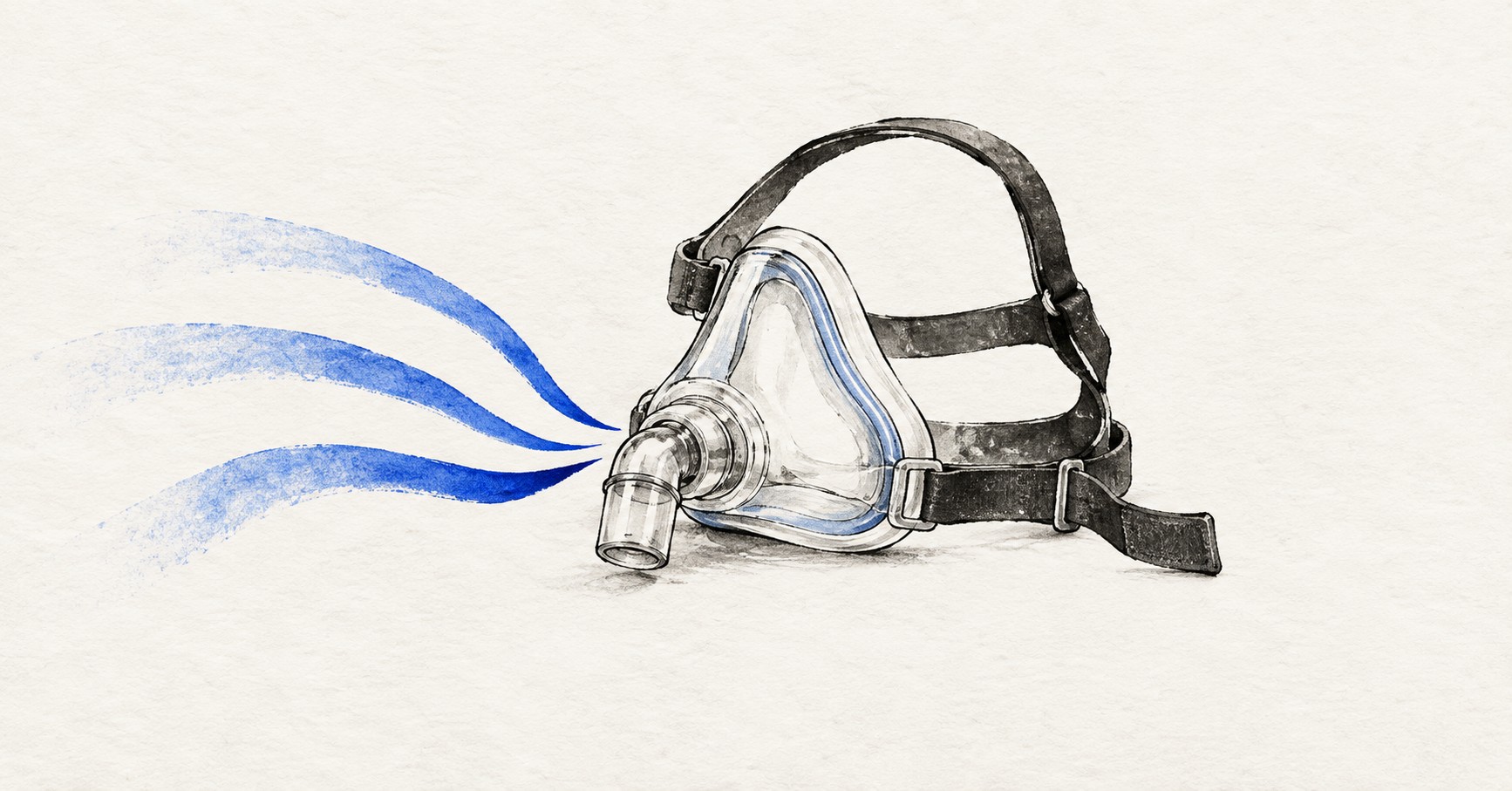 공기가 부드럽게 다가오는 CPAP 마스크를 그린 임상노트형 일러스트