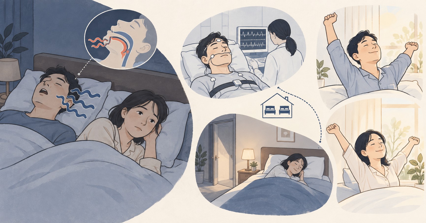 파트너의 코골이와 호흡평가, 임시 수면 공간 분리를 함께 보여주는 장면