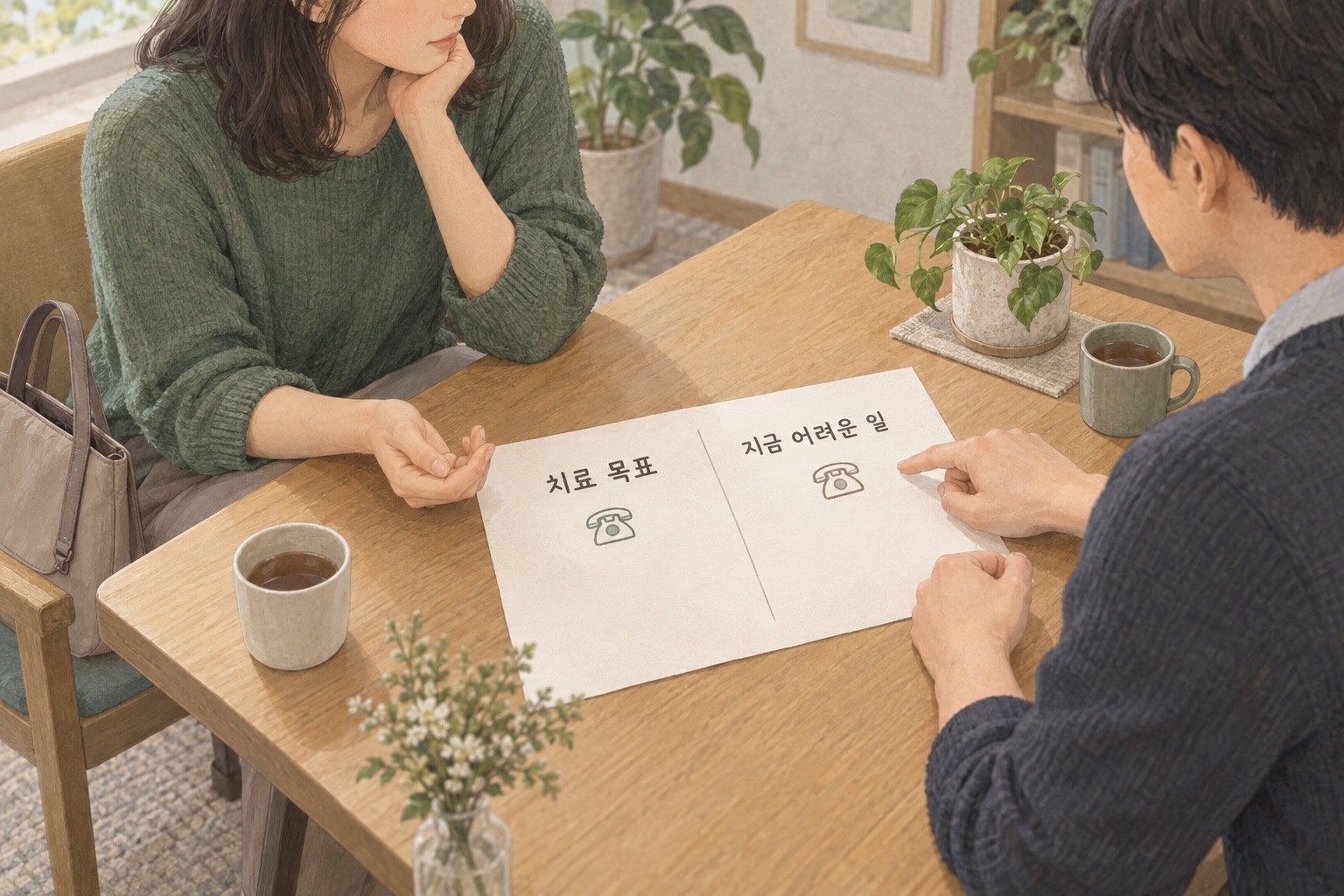 치료 목표와 지금 어려운 일을 적은 종이를 두고 우울 심리치료의 경과를 함께 검토하는 가상 상담 장면