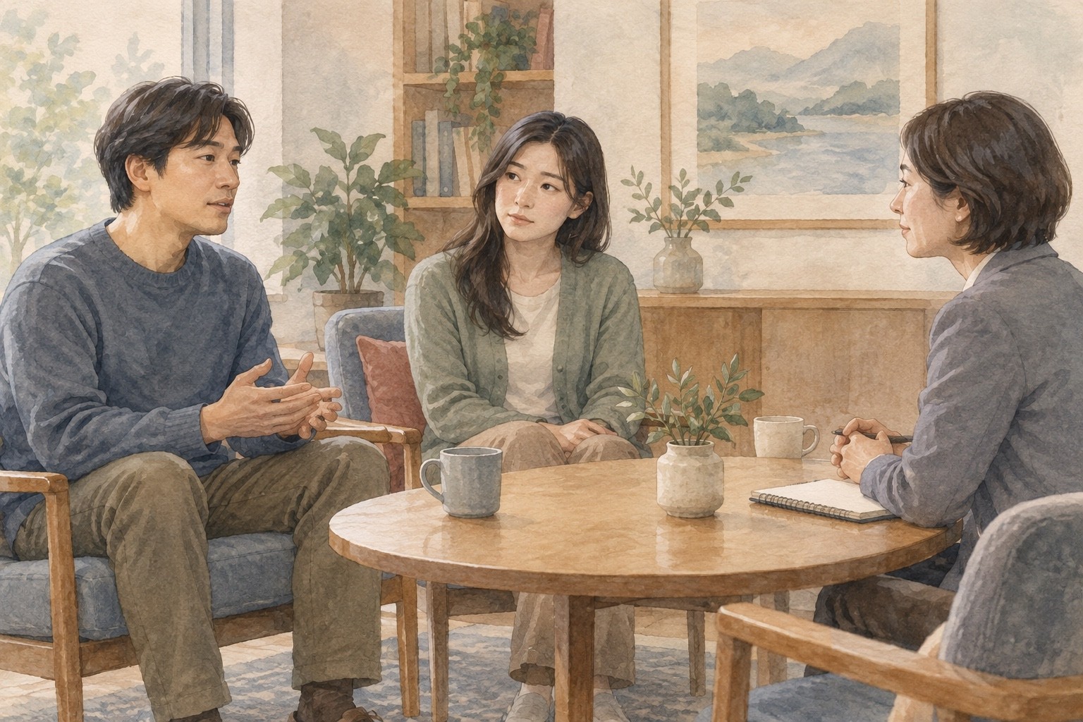 서로 떨어져 앉은 두 성인이 전문가와 치료 참여의 목적을 논의하는 가상 일러스트
