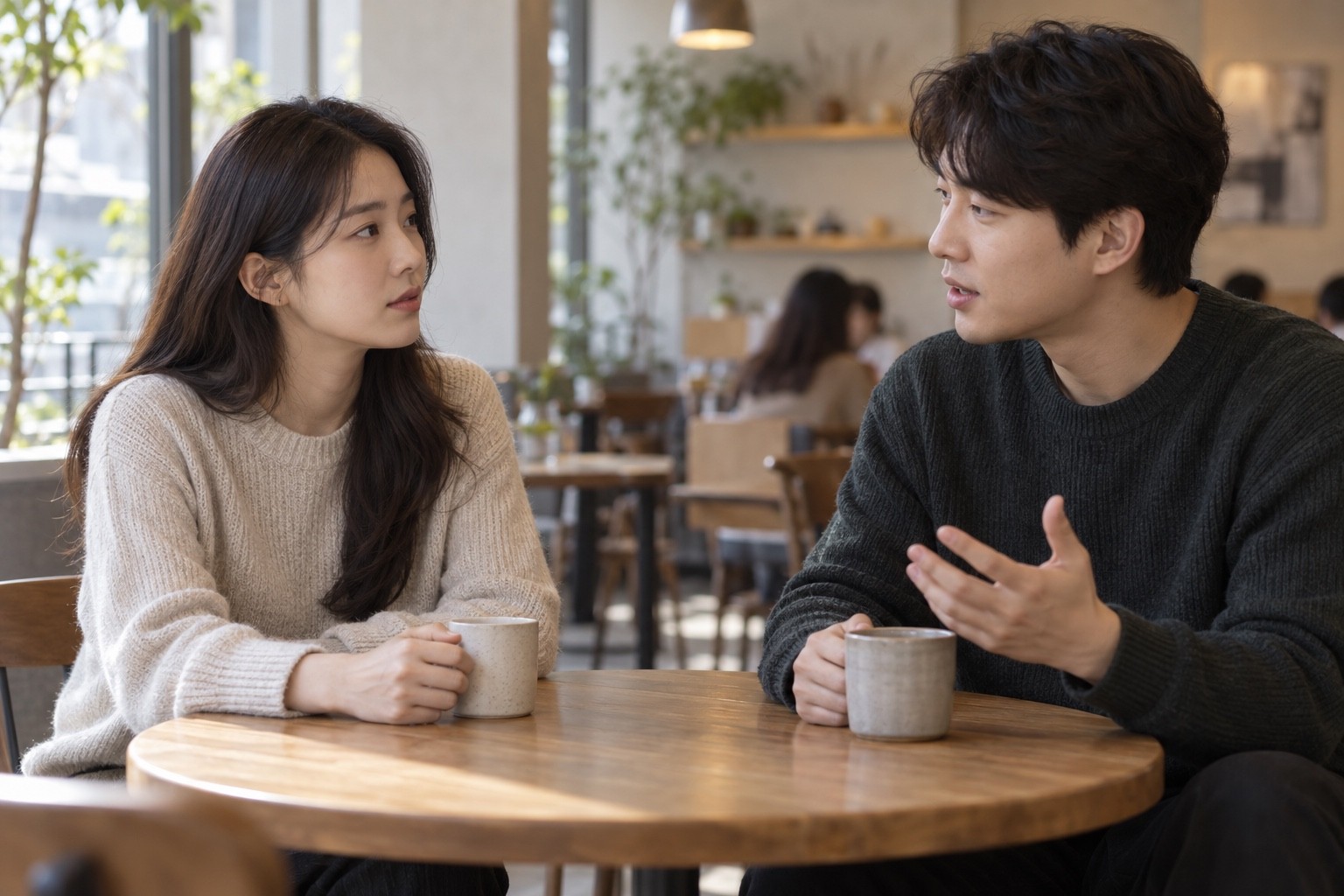 카페 테이블에서 상대의 말을 들으며 대화를 이어 가는 두 성인