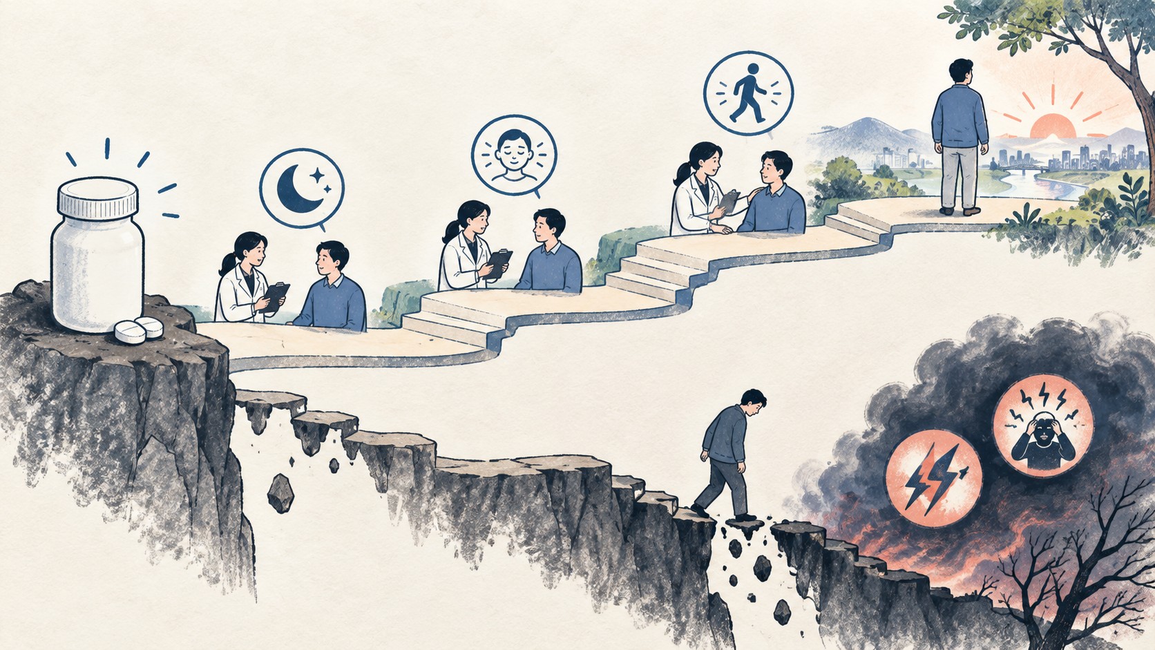 벤조디아제핀 복용 기록과 처방자 감독 감량, 급중단 경련 위험의 분기 일러스트