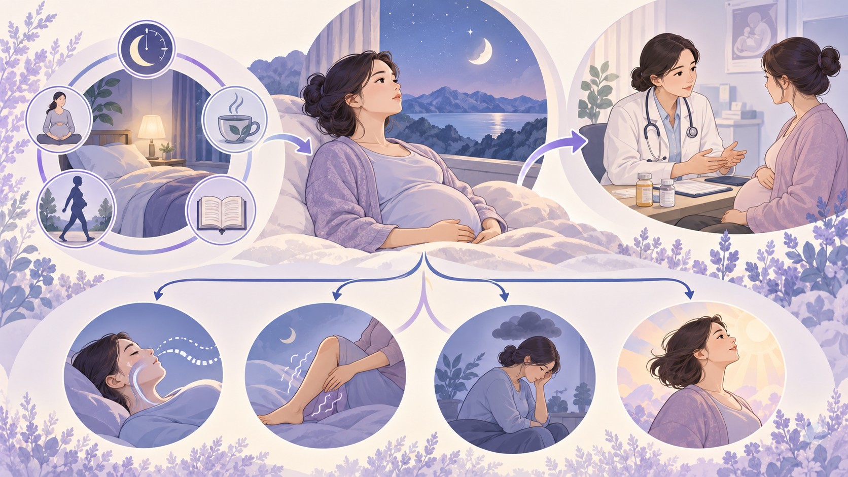 임신 중 불면에서 행동치료, 약물 안전 검토, 수면무호흡과 기분 평가로 갈라지는 추상 임상노트