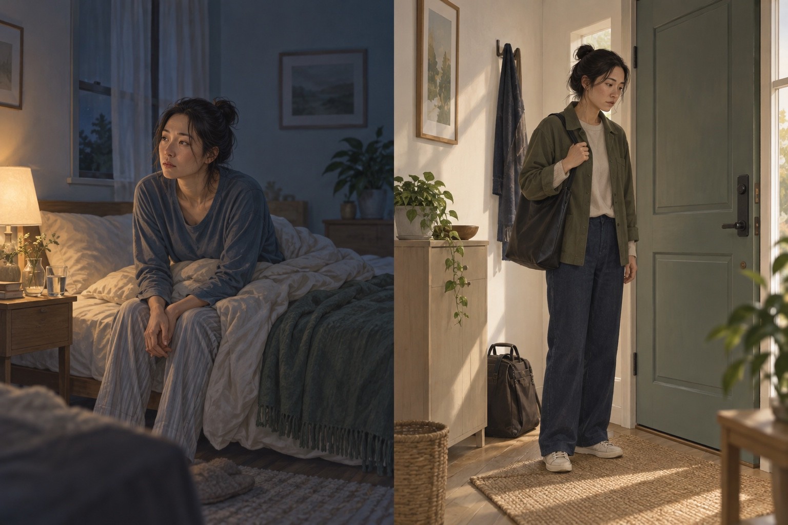 밤에 깨어 앉아 있는 성인과 낮에 외출을 망설이는 같은 성인의 가상 장면