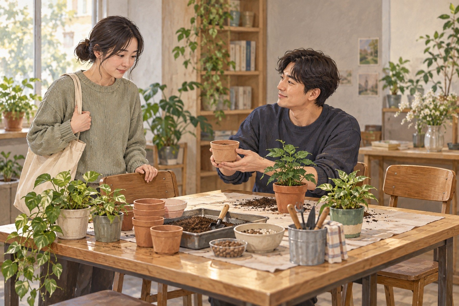 공동 작업대에서 작은 화분을 건네받으며 일상 활동에 참여하려는 사람