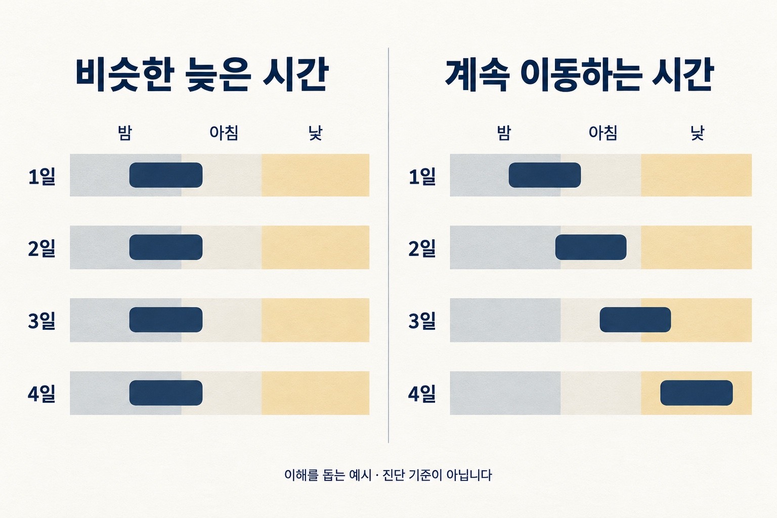 비슷한 늦은 시간에 머무는 수면과 여러 날에 걸쳐 낮으로 이동하는 수면 구간을 비교한 설명 예시