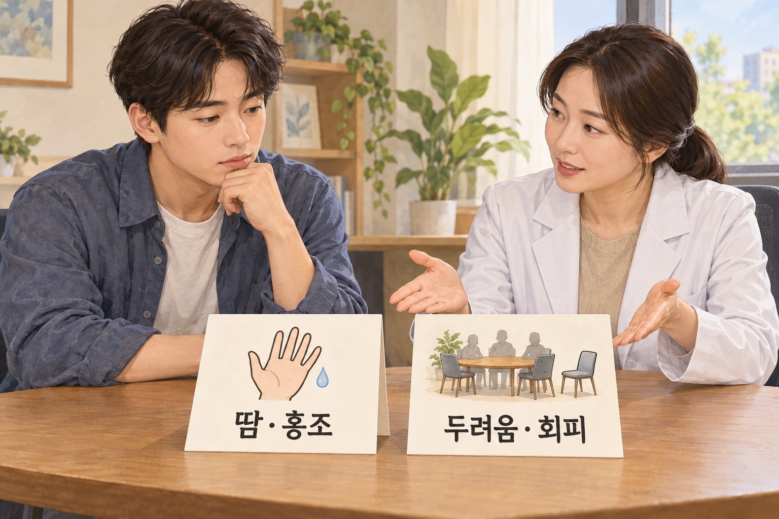 땀·홍조와 두려움·회피를 나눈 두 카드를 보며 상담하는 모습