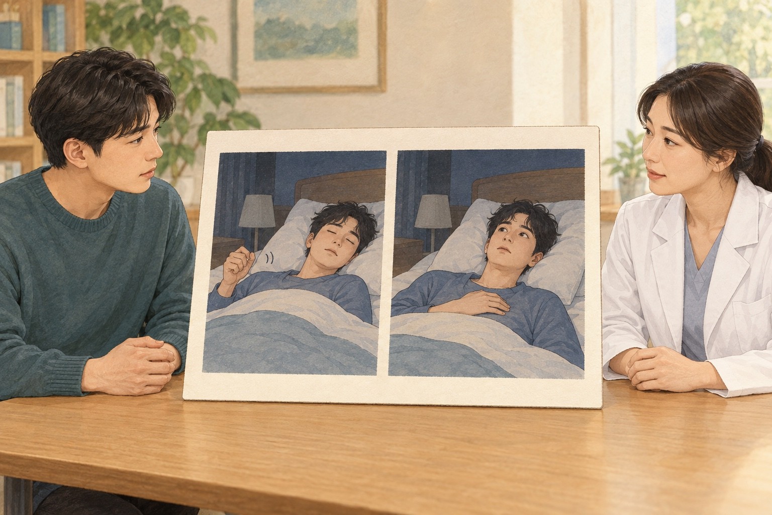 상담 자리에서 잠들 때의 짧은 움찔함과 그 뒤 깨어 있는 시간을 나누어 살피는 그림