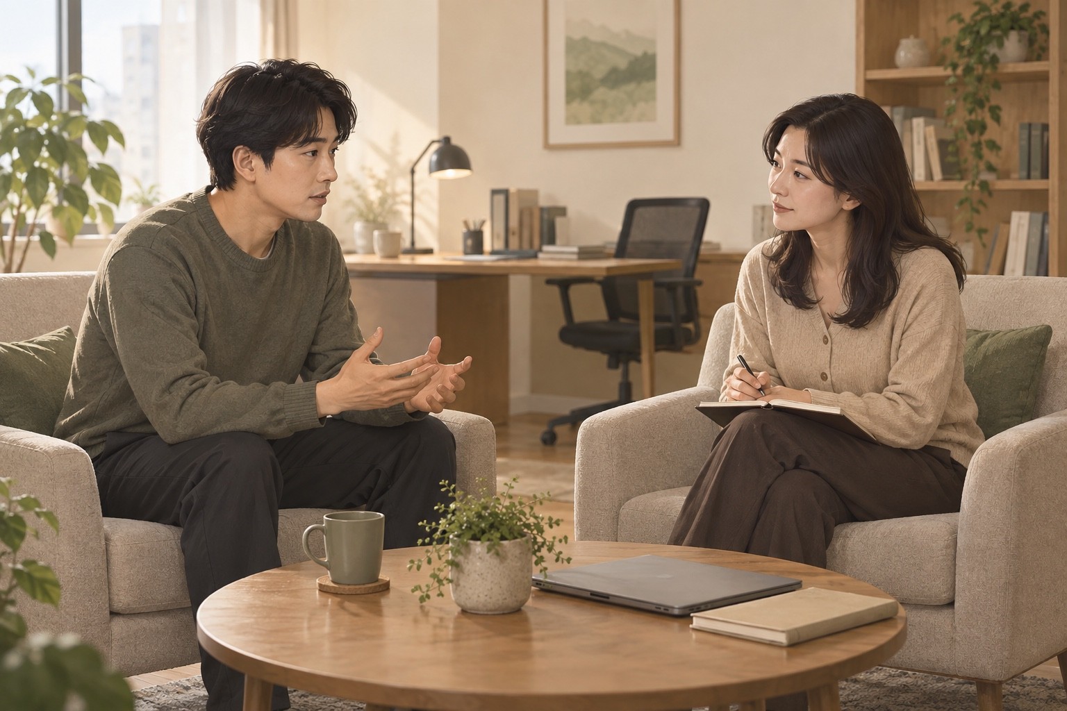 일을 멈춰도 남는 긴장과 전문 심리치료 선택을 상담하는 가상 장면