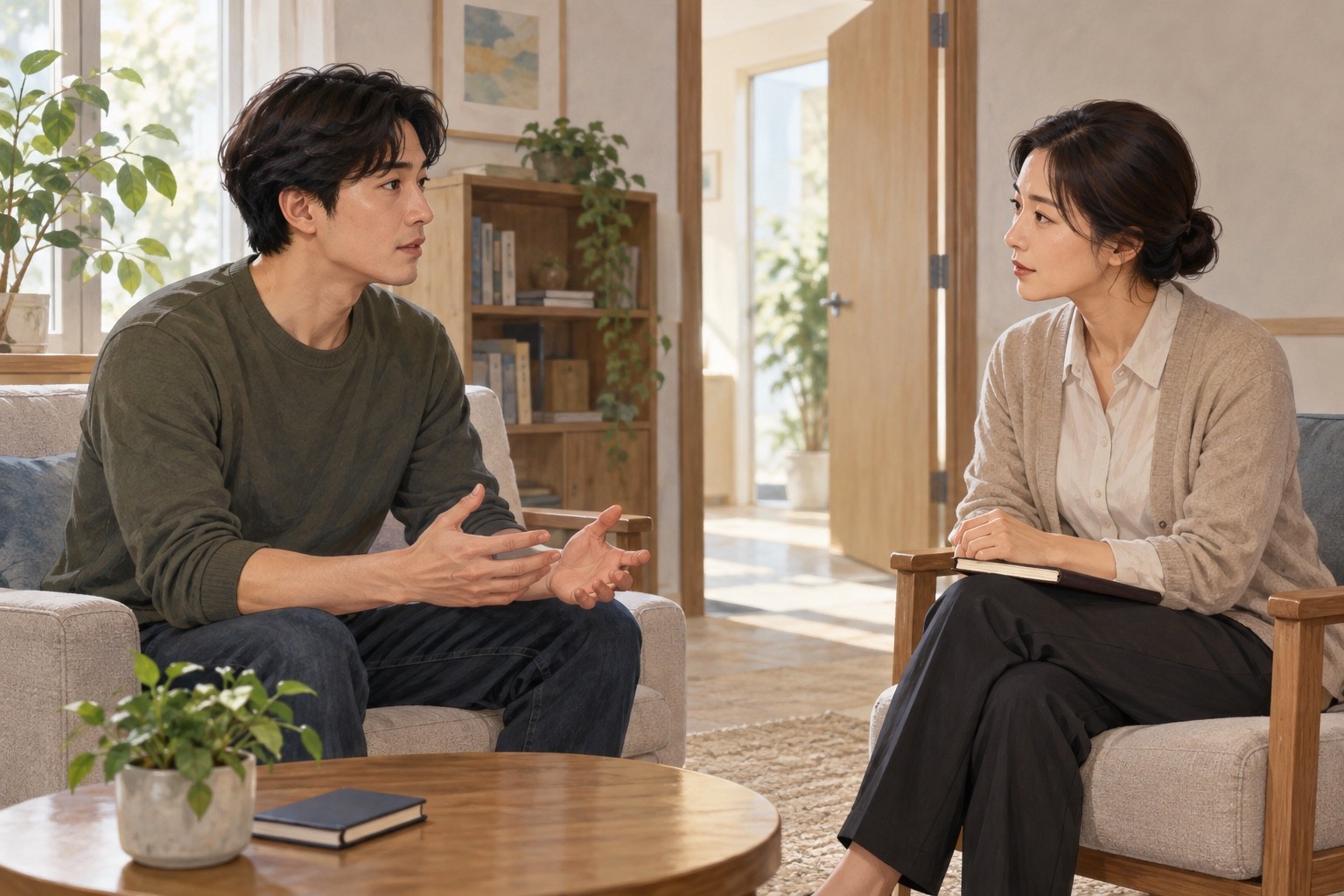 차분한 상담실에서 같은 높이로 마주 앉아 대화를 시작하는 성인과 진료자