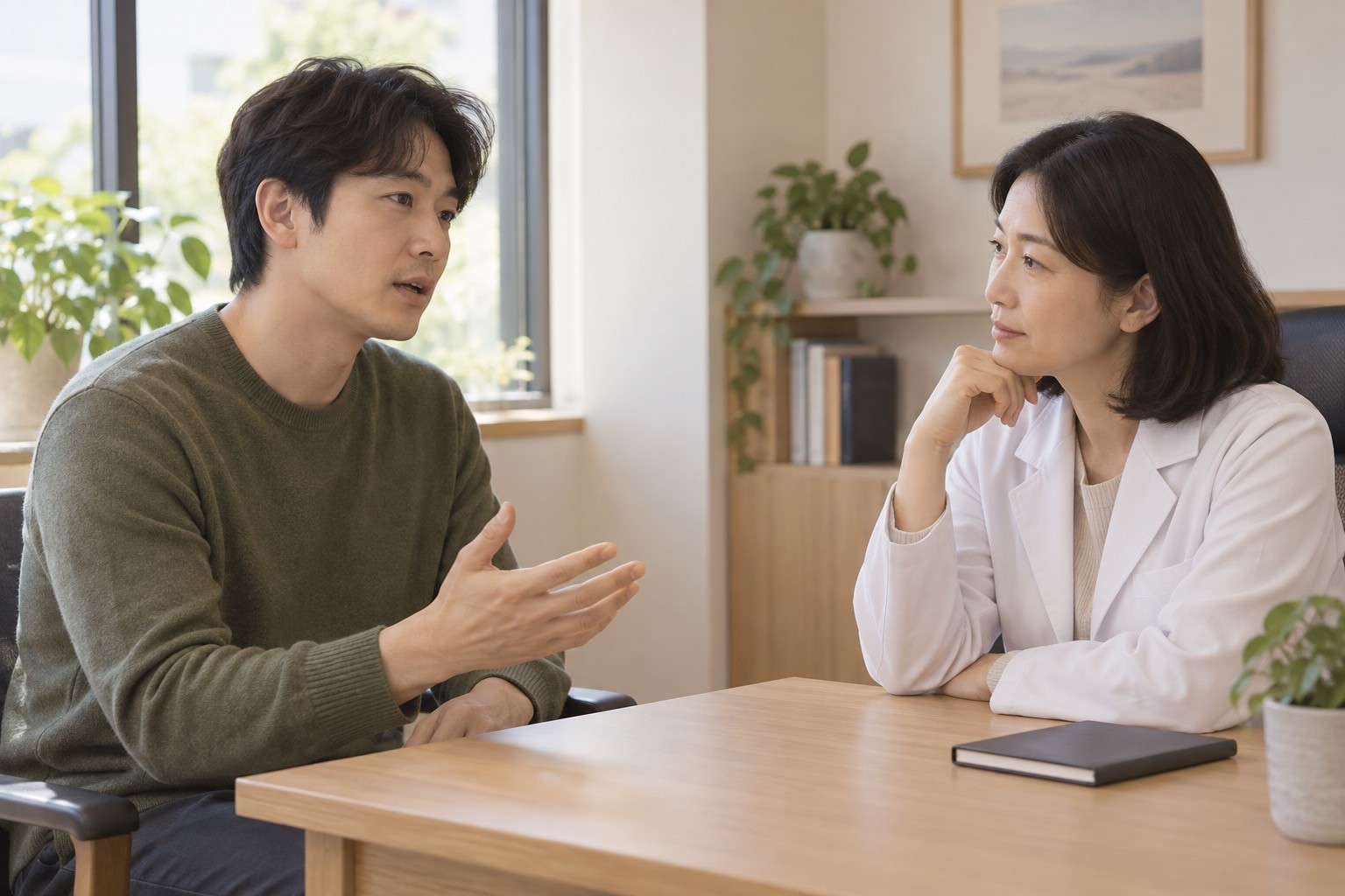 처음 좋아진 잠과 현재의 아침 부담을 의료진에게 설명하는 가상의 성인