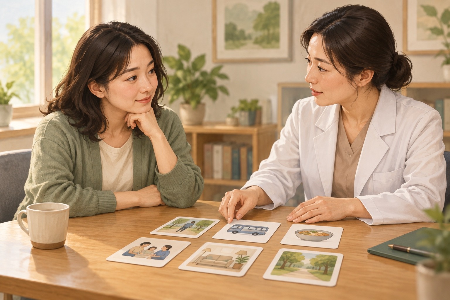 이전 치료 경험과 이동·식사·수면의 어려움을 카드로 놓고 함께 되짚는 환자와 진료자