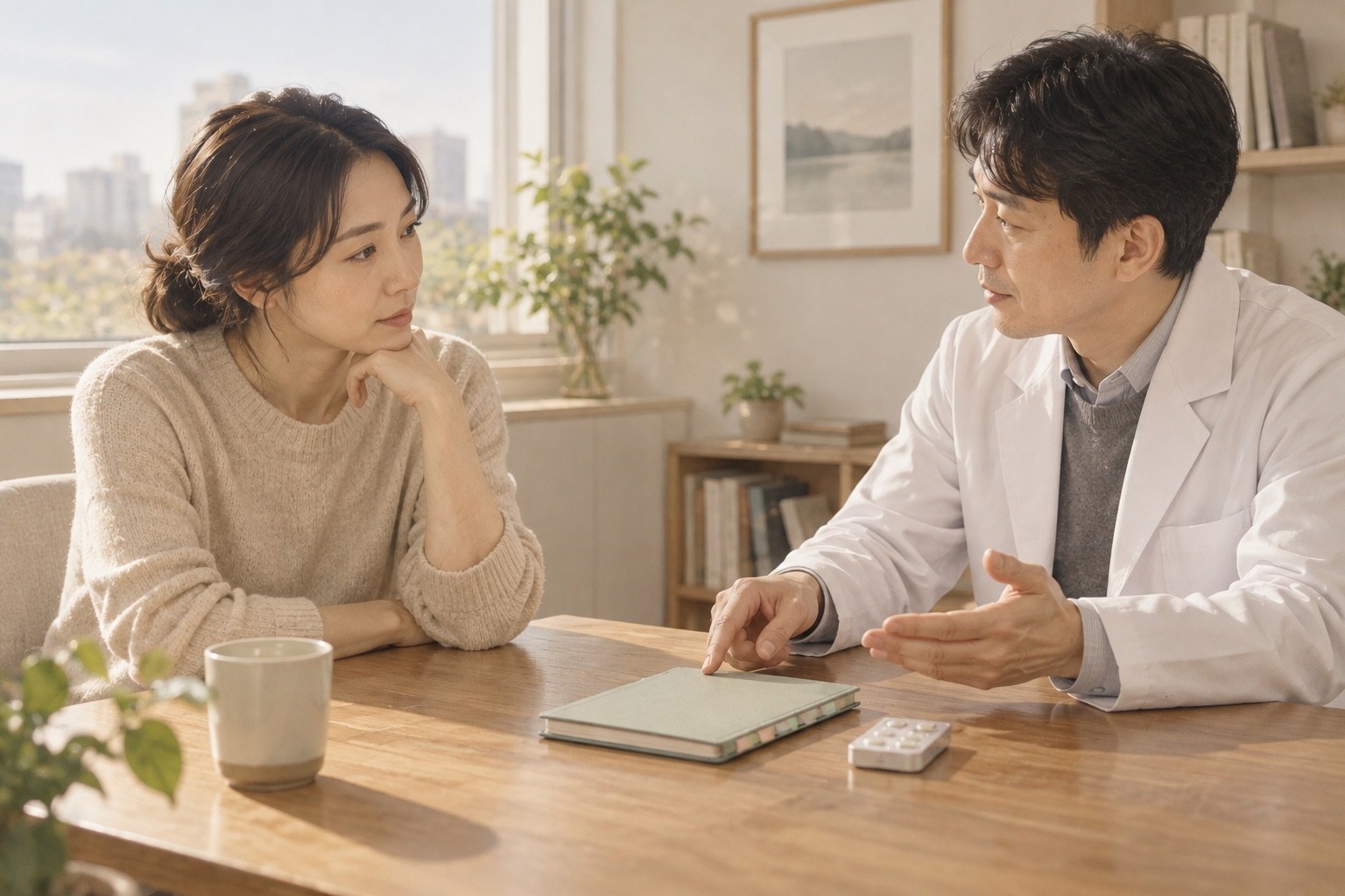재발 예방 심리치료 자료와 유지약을 별도로 놓고 치료 계획을 논의하는 성인과 전문가의 가상 장면