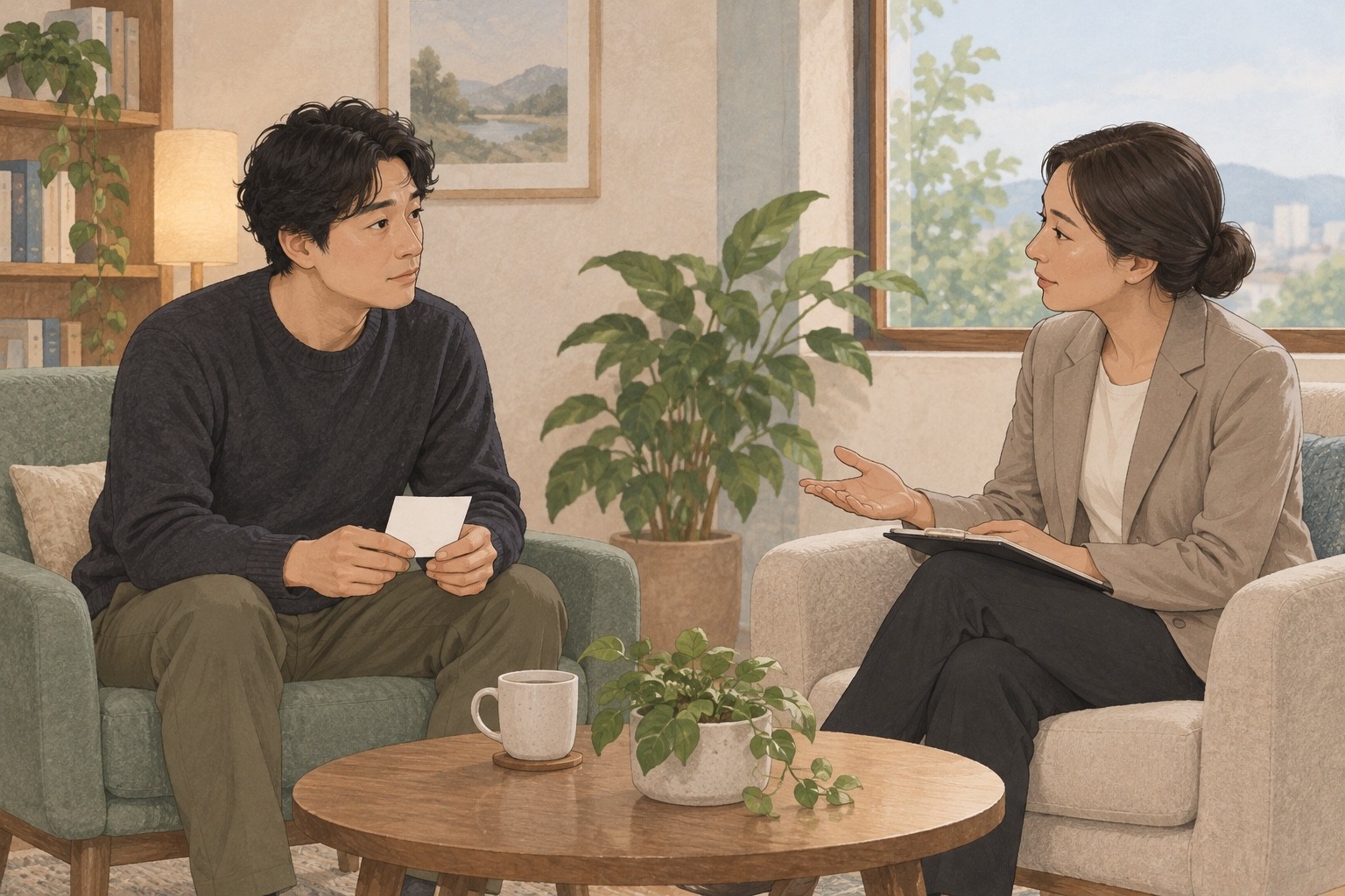PTSD와 우울증의 현재 어려움과 치료 순서를 상담하는 성인과 전문가의 가상 장면