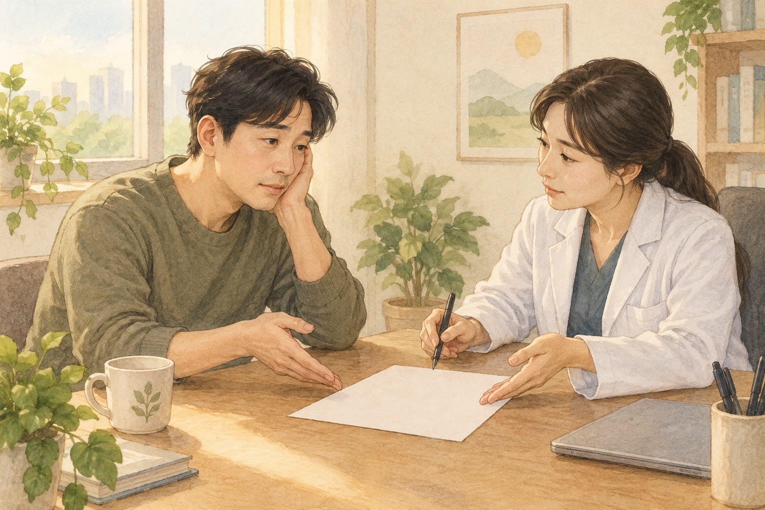 피곤한 성인이 의료진에게 종이를 가리키며 수면약 치료계획의 설명을 다시 요청하는 삽화