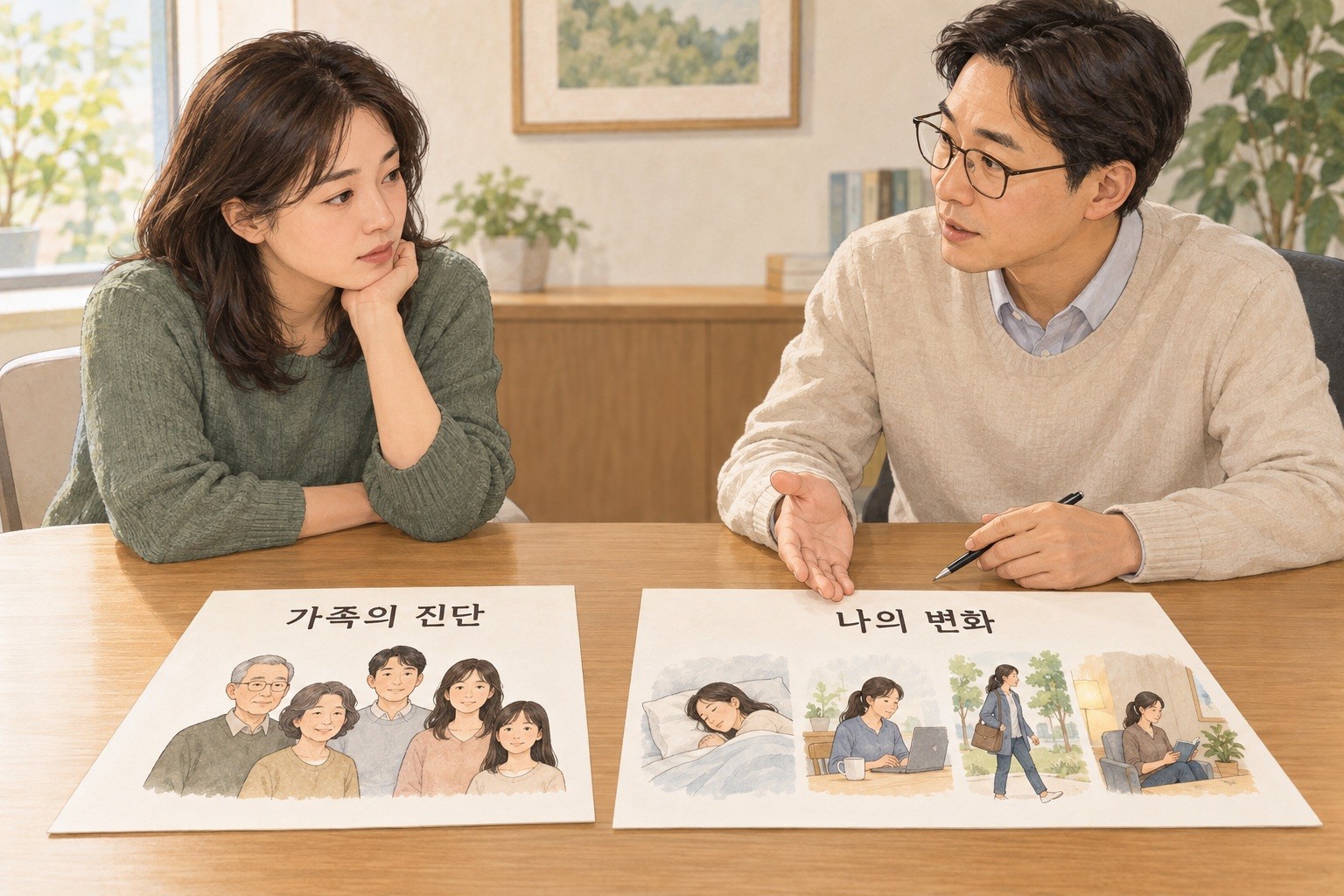 가족의 진단 정보와 자신의 잠·활동 변화가 적힌 두 장의 자료를 나란히 놓고 이야기하는 성인 상담 장면