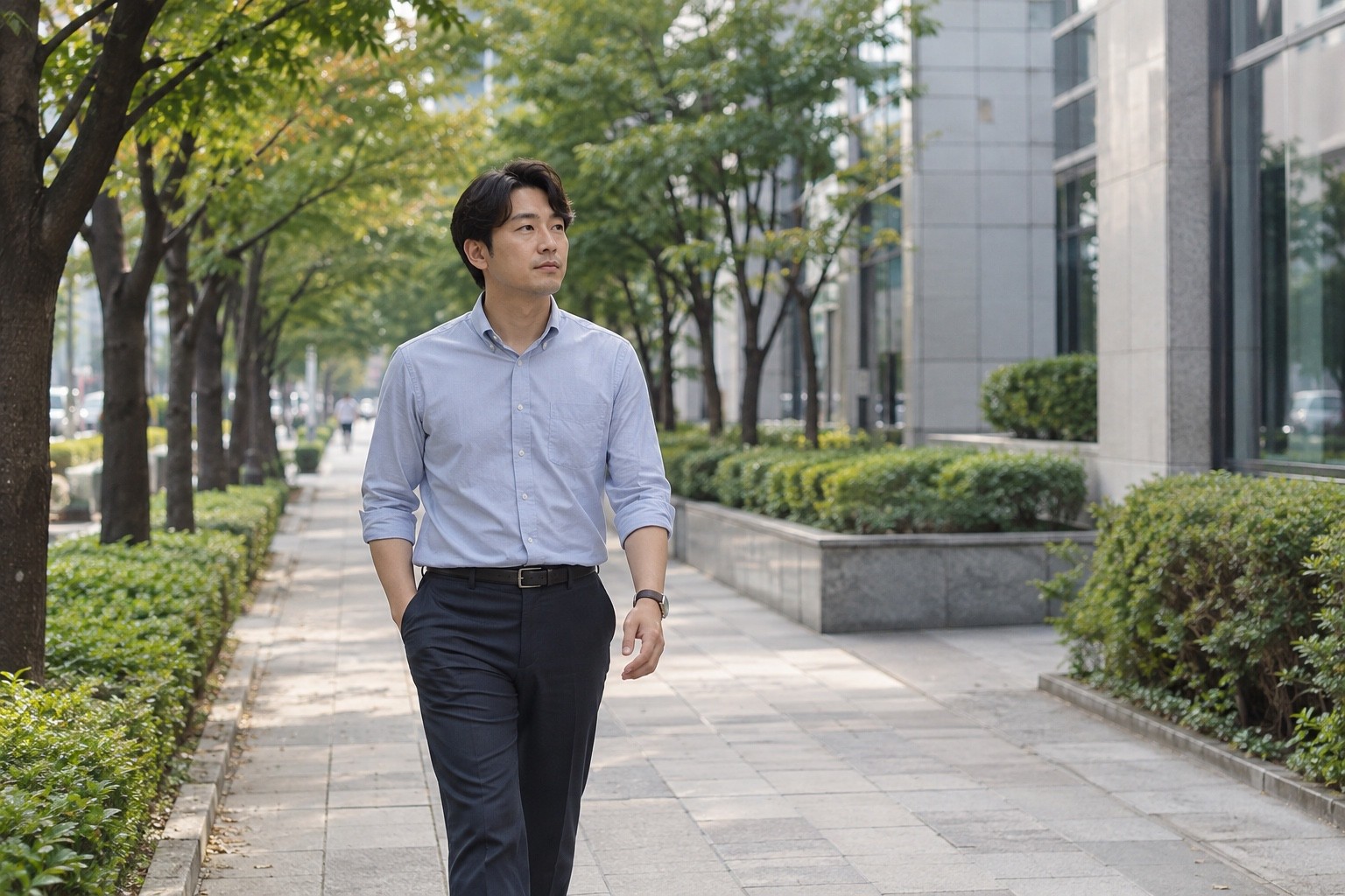 업무 중 휴식 시간에 나무가 있는 길을 짧게 걷는 성인