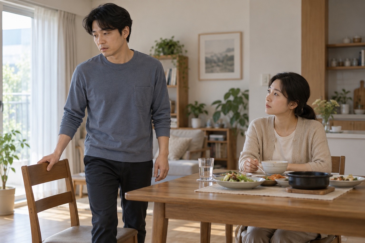식사를 이어가기 어려워 식탁 곁에 일어선 사람과 앉아 이야기를 듣는 동반자