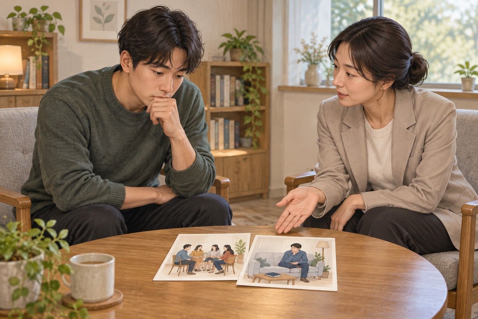 사람을 만나는 자리와 혼자 보내는 시간의 어려움을 함께 살펴보는 상담 장면