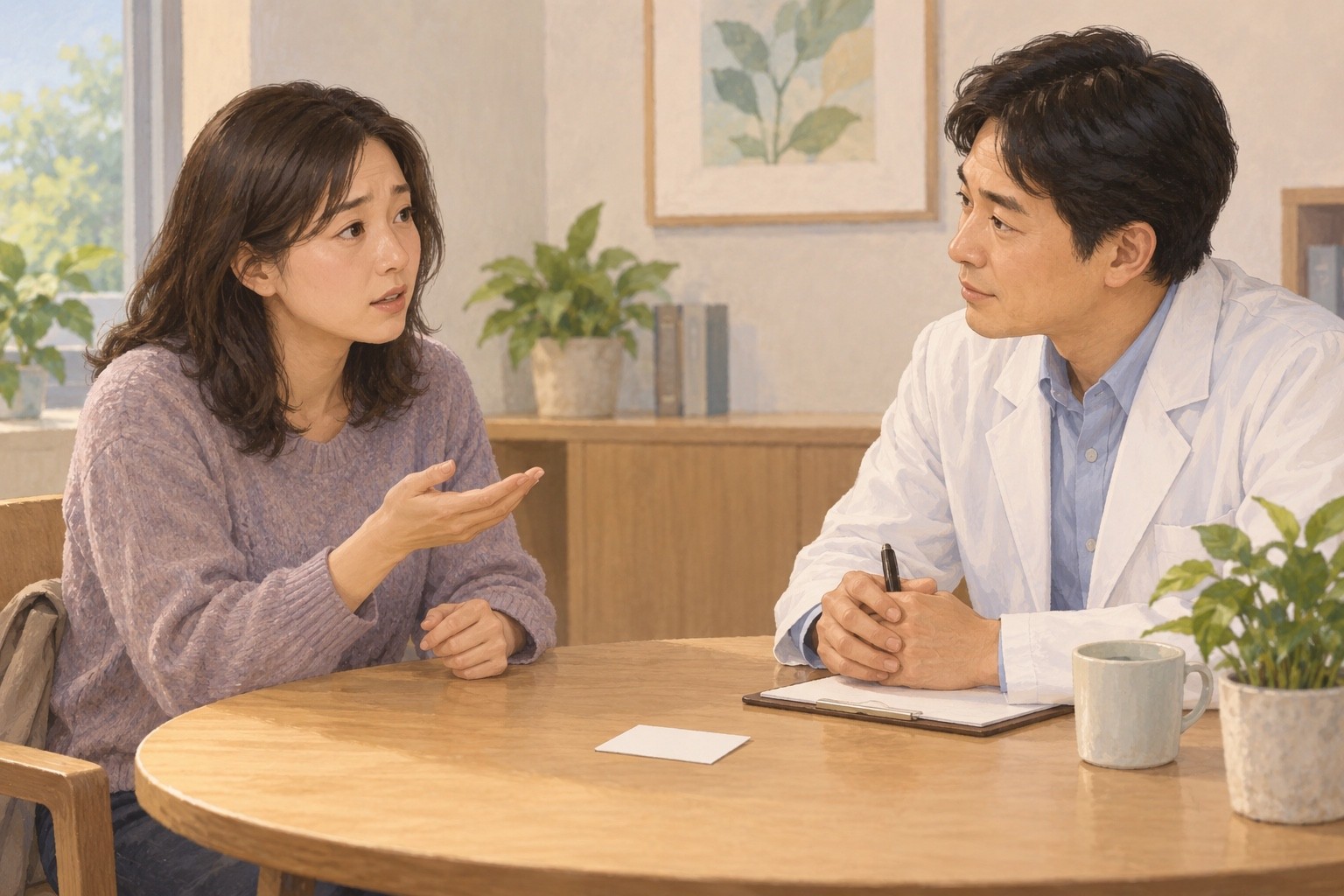 첫 약 처방의 설명을 더 요청하고 다음 진료를 논의하는 성인과 의료진의 예시 그림