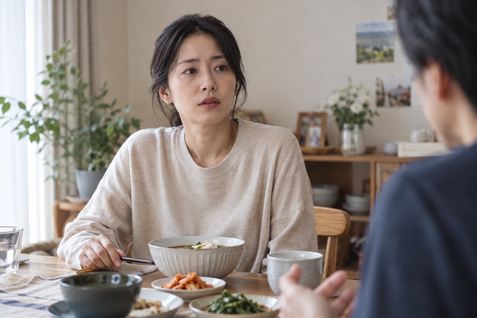 식탁에서 숟가락을 내려놓고 대화 중 잠시 멈춘 성인