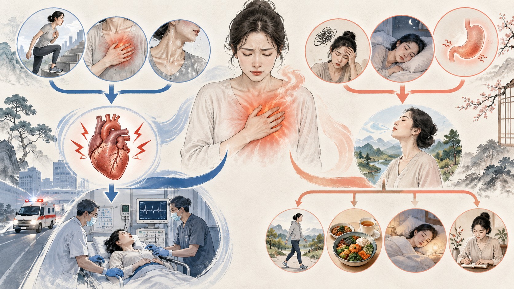 가슴답답함에서 심장 응급 신호와 감정·수면·소화 패턴을 갈라 보는 의료 일러스트