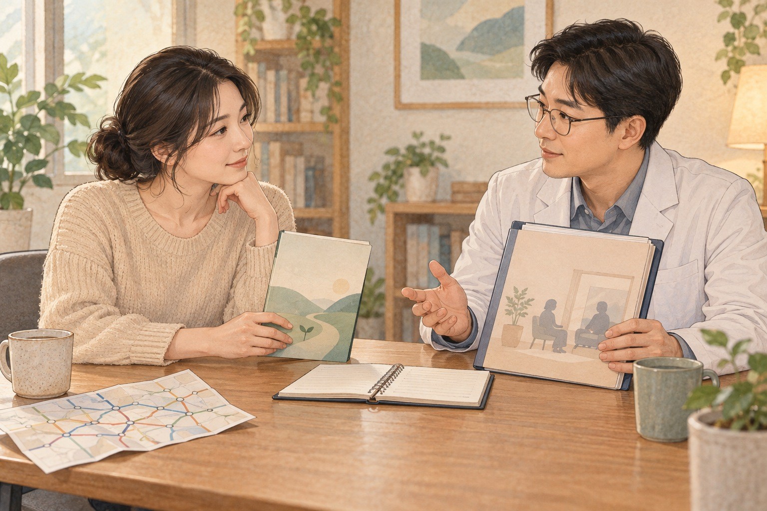 공황장애 초기 치료를 논의하며 자기도움 자료와 상담 자료, 경과 확인 노트를 함께 살펴보는 장면