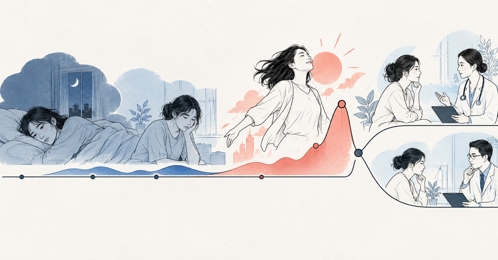 우울 시기와 잠이 적어도 과도하게 활발했던 시기를 비교하는 시간축 그림