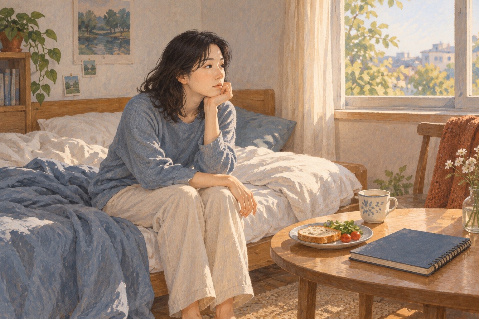 잠에서 깨어 침대 가장자리에 앉은 사람과 손대지 않은 식사·스케치북