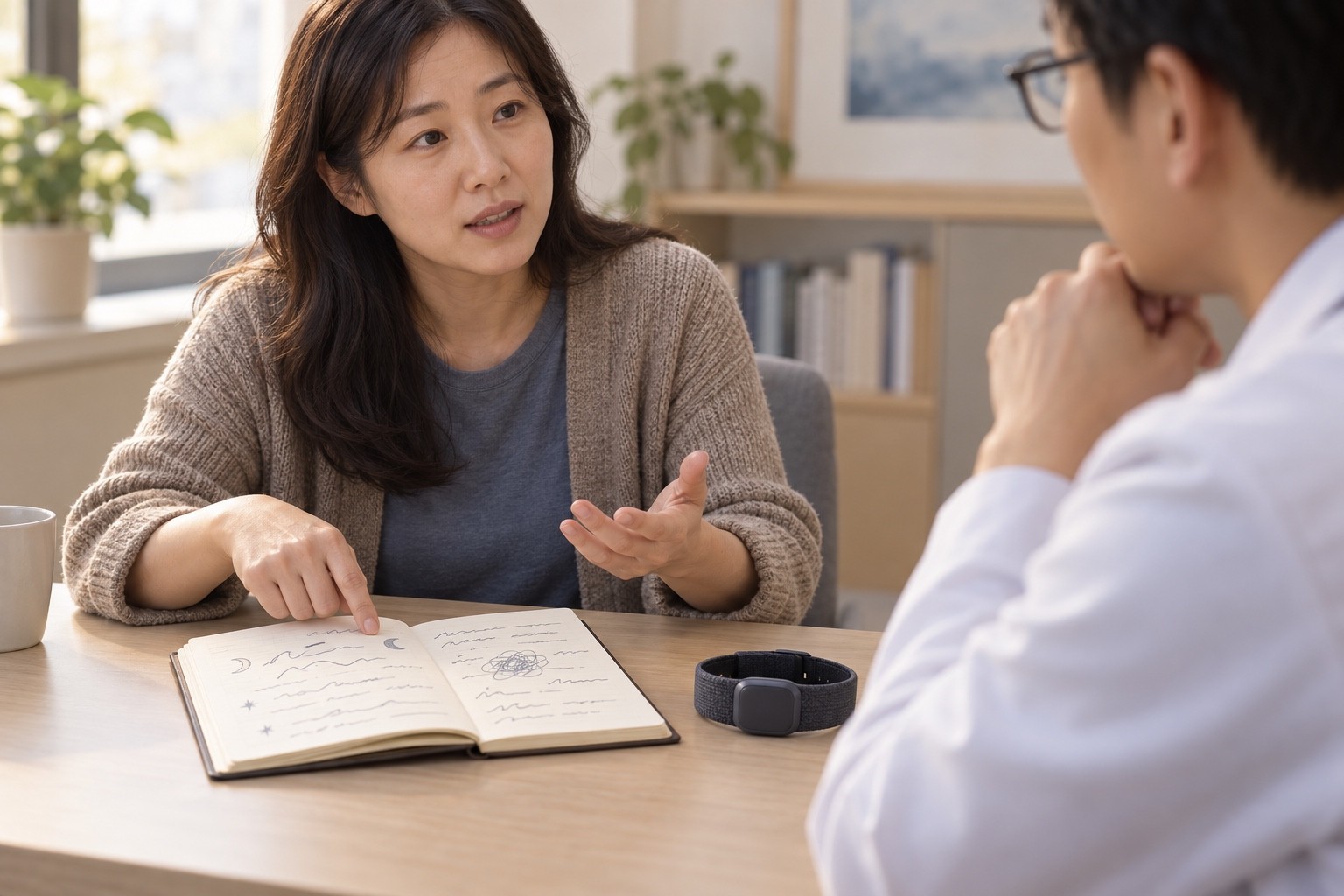 기억한 밤을 적은 수첩과 화면 없는 손목 기록장치를 앞에 두고 상담하는 사람