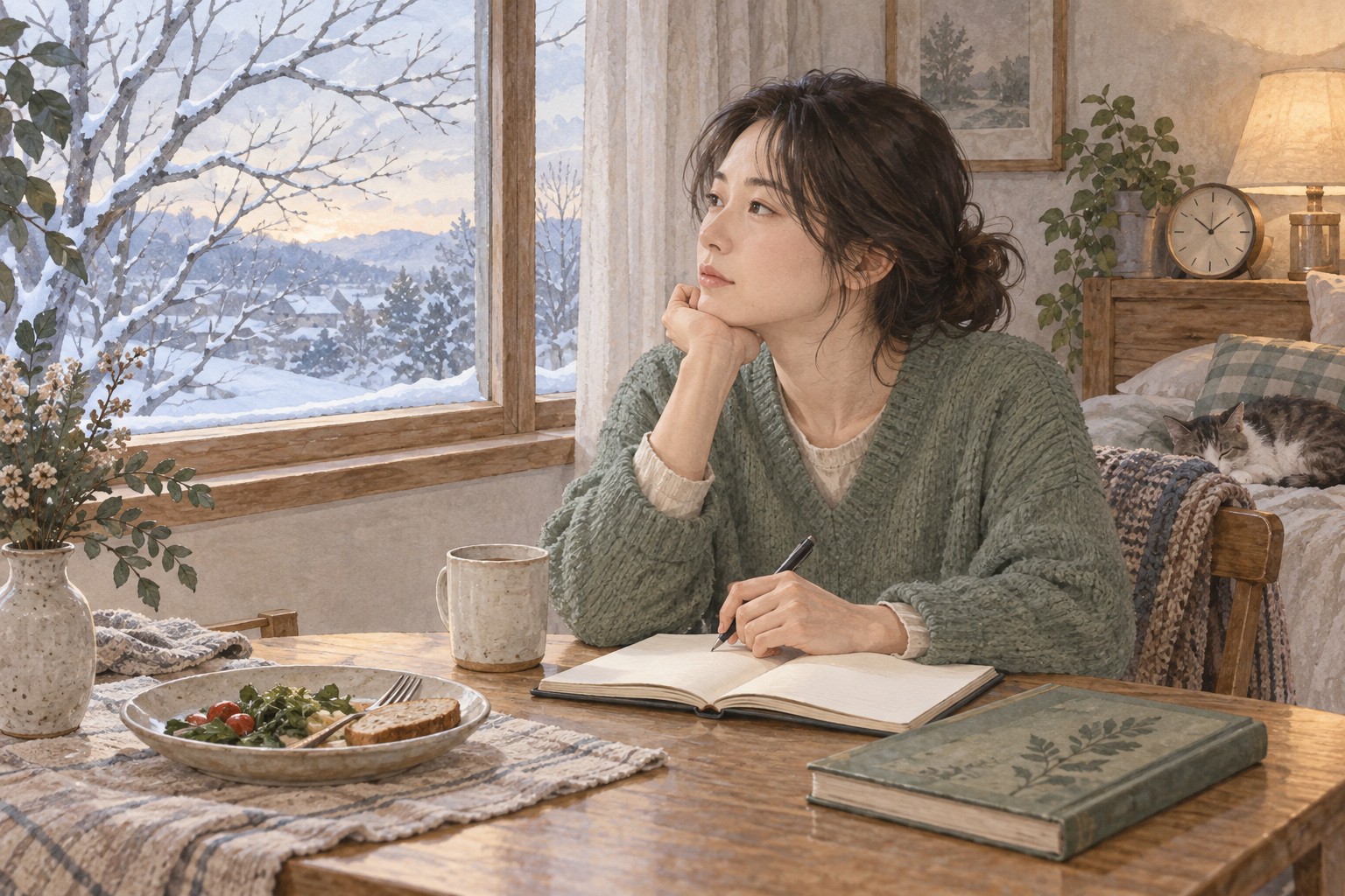 겨울 창가에서 식사와 책을 곁에 두고 생활의 변화를 생각하는 성인