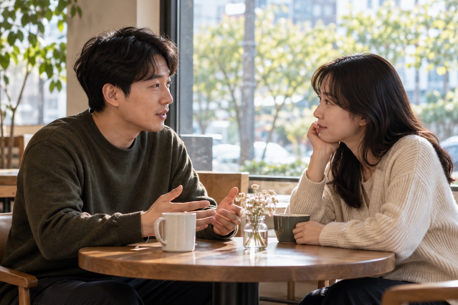 햇빛이 드는 평범한 공간에서 서로 마주 보고 이야기를 나누는 두 성인