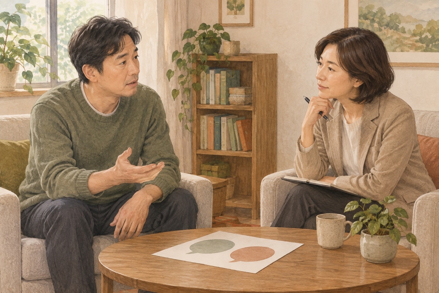 역할이 바뀐 뒤 어려워진 대화를 손짓과 함께 설명하는 성인과 경청하는 치료자의 가상 상담 장면