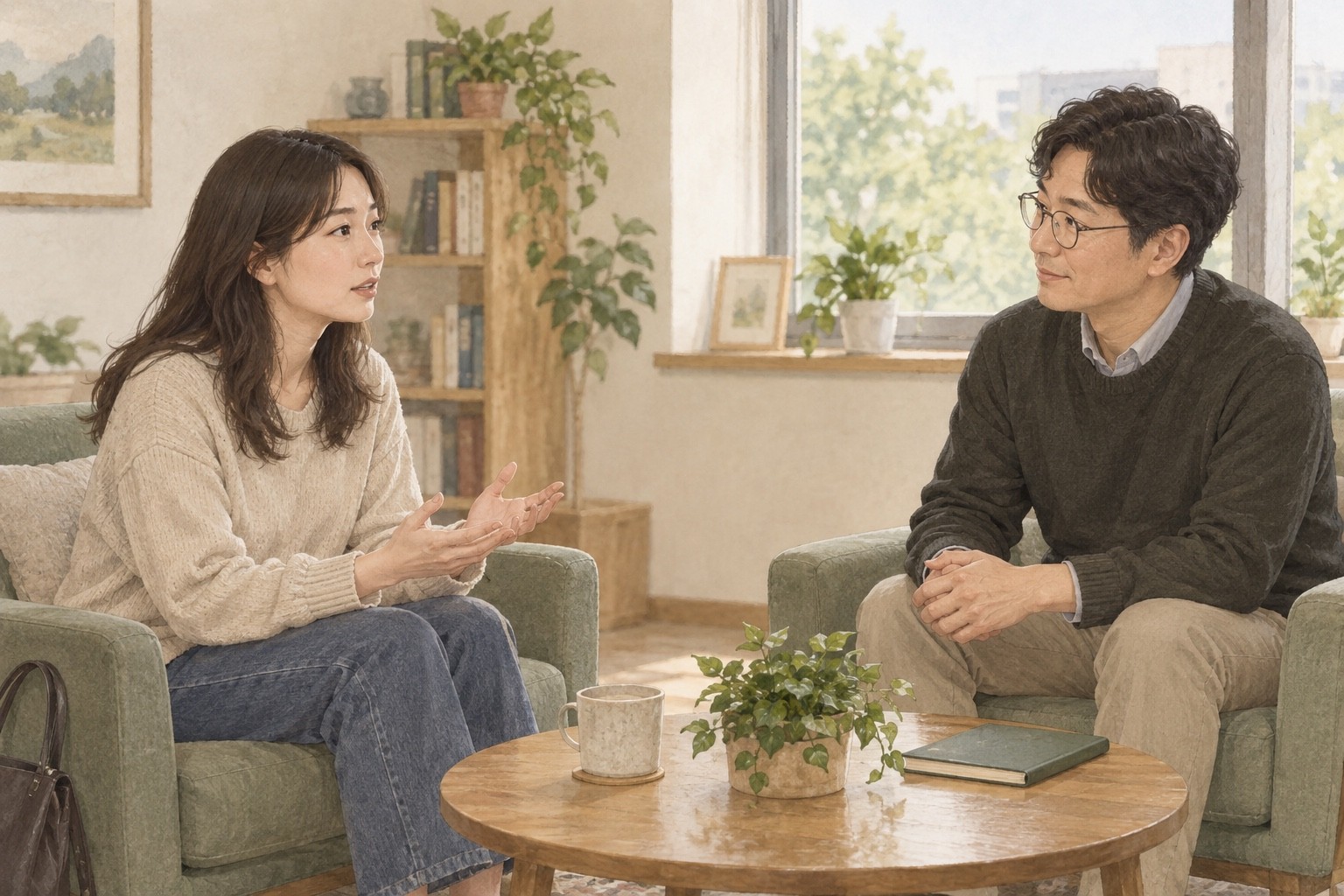 환자가 말할 범위를 선택하며 전문가와 도움의 목적과 다음 만남을 논의하는 합성 삽화