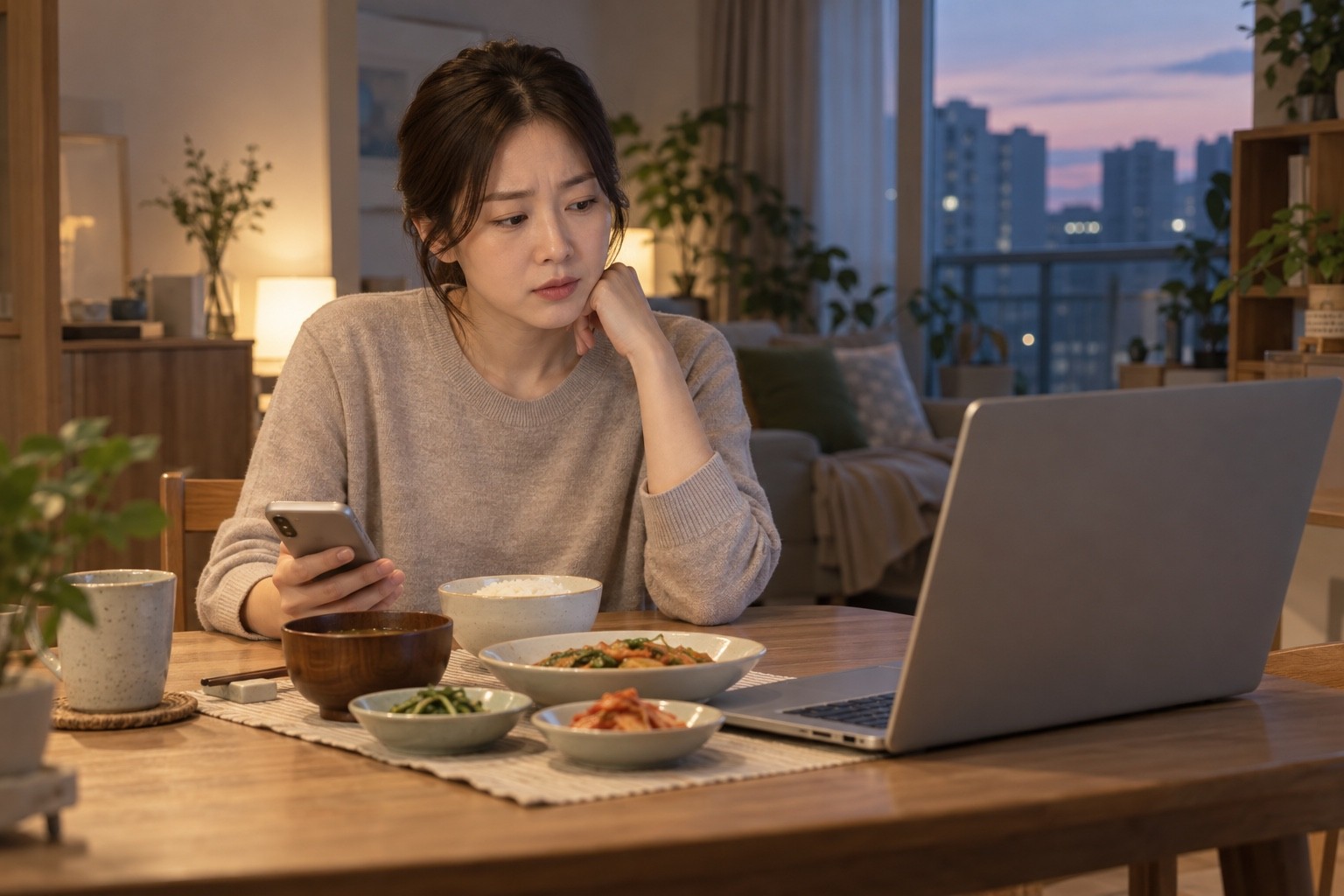 저녁 식사와 노트북 앞에서 휴대전화를 낮추고 생각하는 성인
