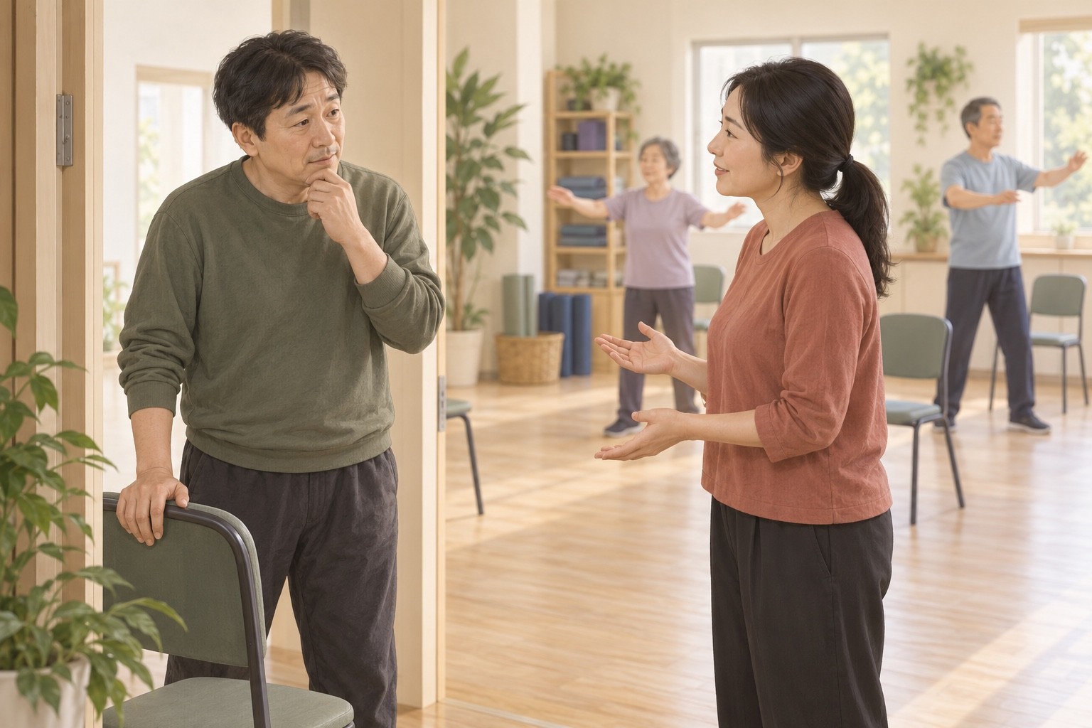 활동실 입구에서 참여 전 어려움을 제공자와 이야기하는 성인과 뒤편의 소규모 신체활동 장면