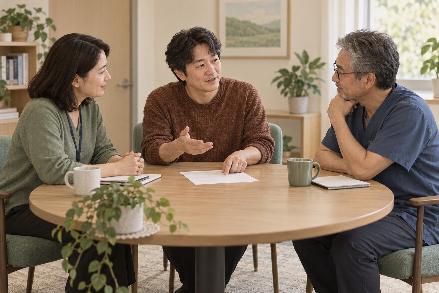 성인이 두 진료자와 같은 종이를 보며 생활 목표와 치료 계획을 논의하는 가상 장면