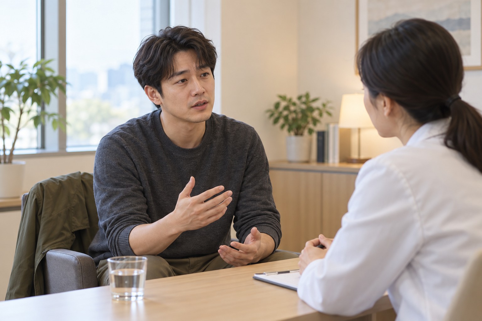 아버지가 진료실에서 자신의 잠과 식사에 관해 이야기하고 상담자가 듣는 모습
