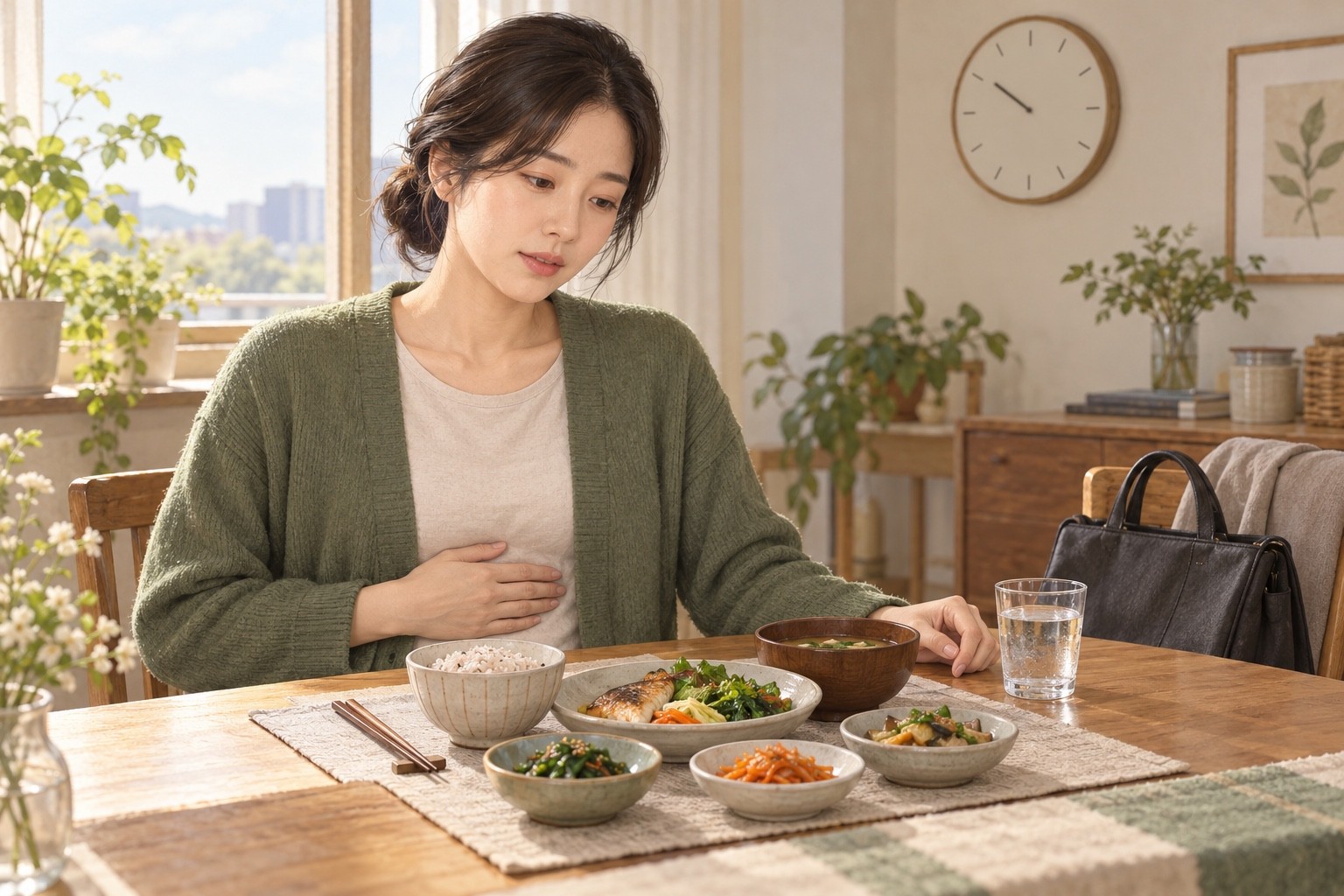 식사를 앞에 두고 명치 부근에 손을 얹은 사람과 평소의 밥상