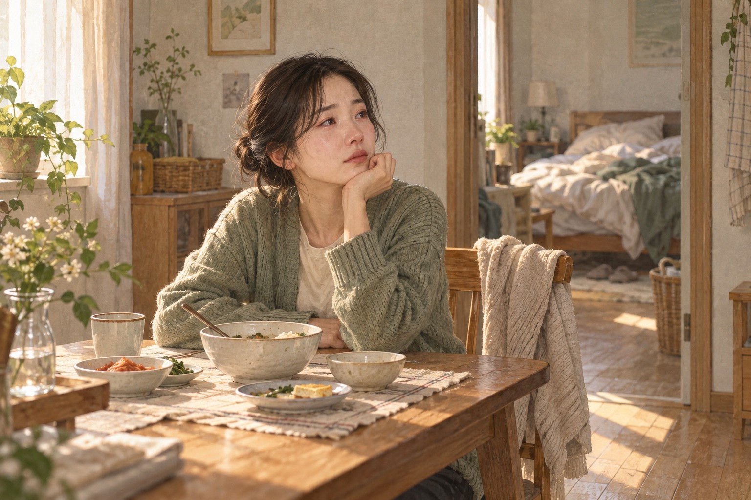 식탁에 앉아 생각에 잠긴 성인과 식사, 뒤쪽으로 보이는 침실