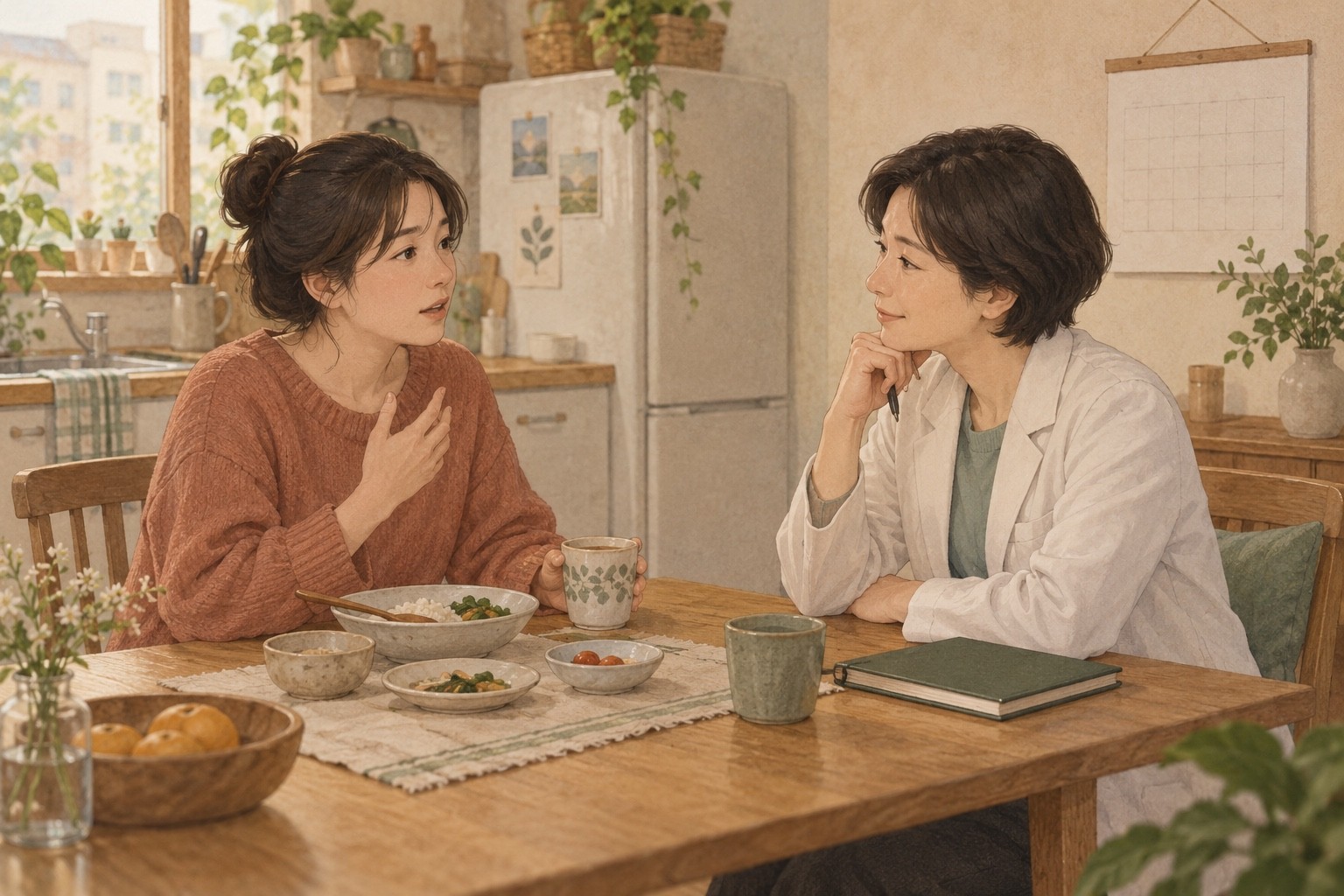 먹다 남은 식사를 앞에 두고 현재 불편과 다음 검토를 이야기하는 가상의 성인과 의료진