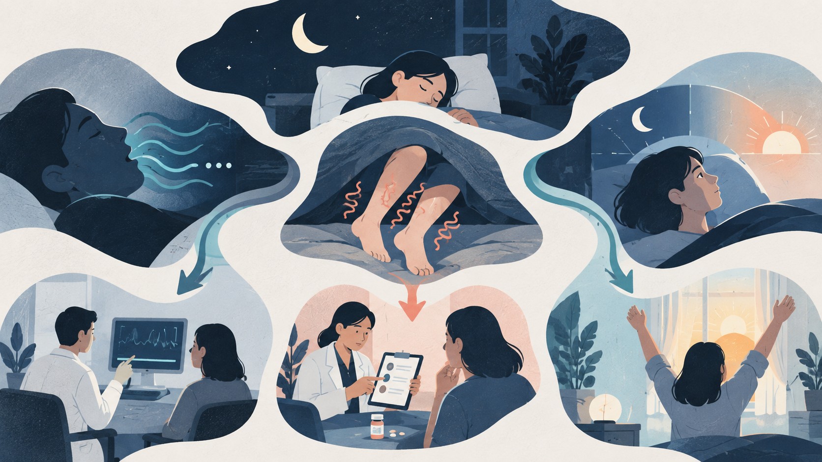 코골이와 다리 불편, 늦어진 수면 시간을 서로 다른 수면 문제로 나누어 보는 장면